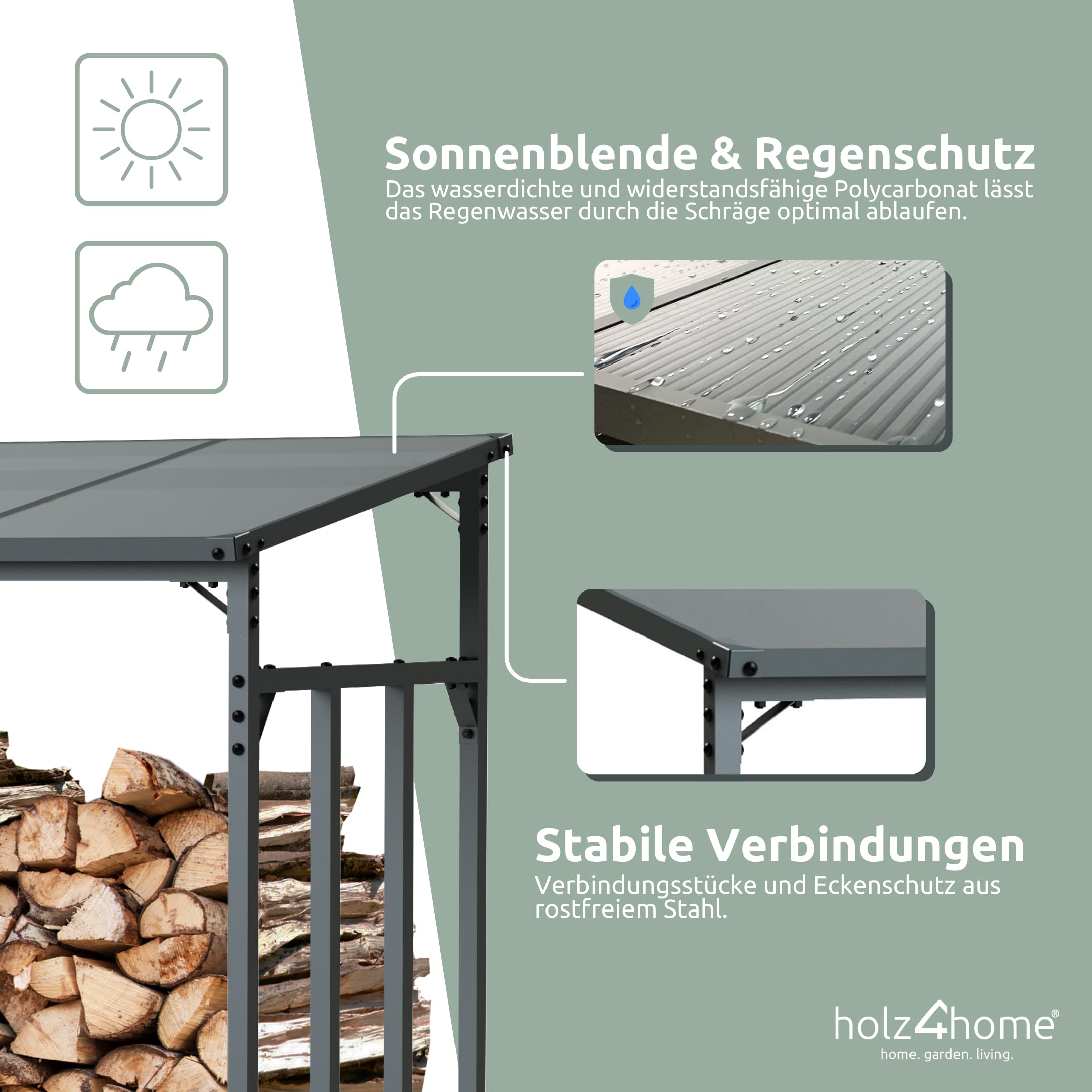 holz4home® Kaminholzregal XL Außen Holzlager I Größe: 182x70x185 cm I Brennholzregal inkl. Ofenhandschuh I Holzunterstand Überdachung mit Stapelhilfe für Brennholz I Holzregal Outdoor