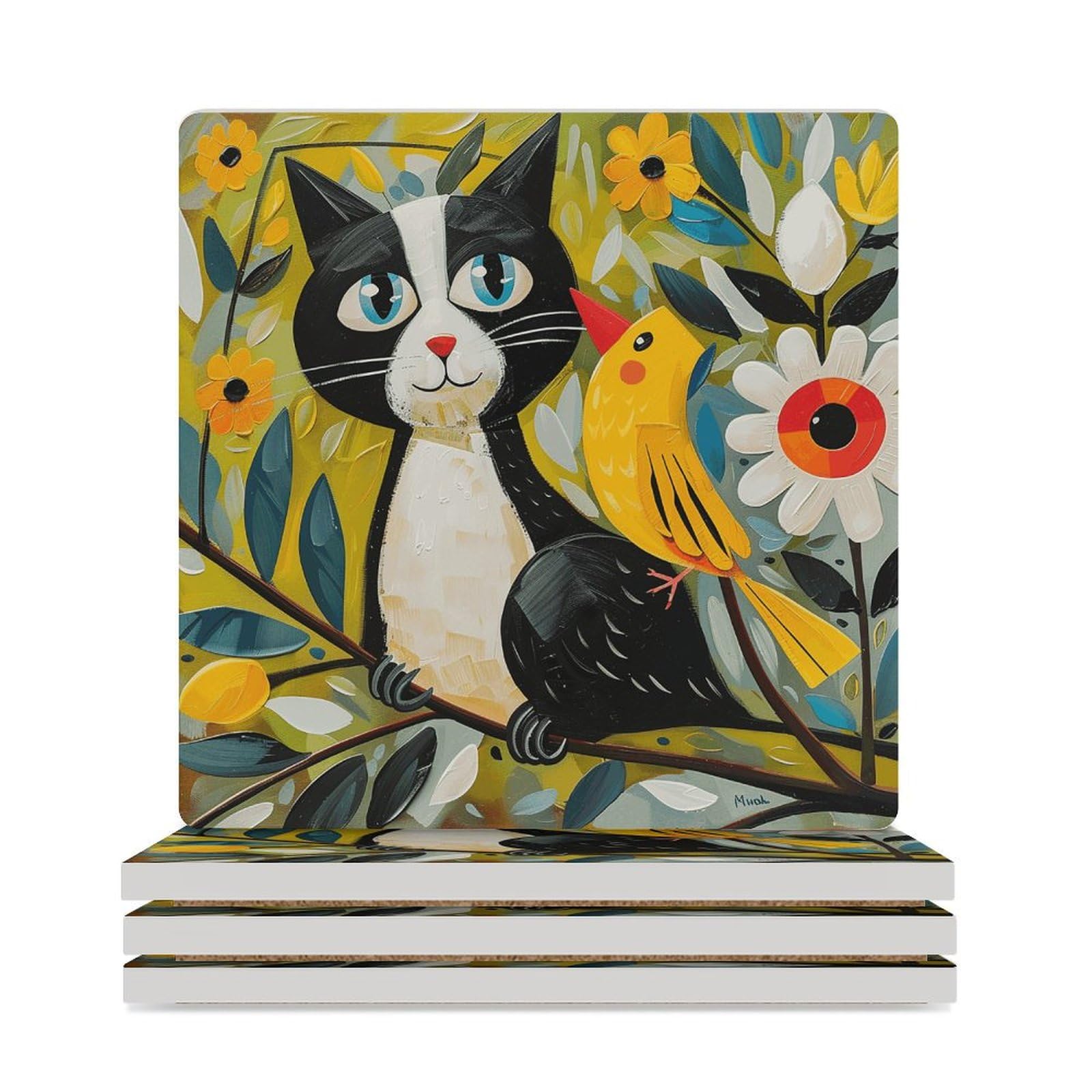 Dessous de verre pour table basse en céramique motif chat oiseau pause café salon