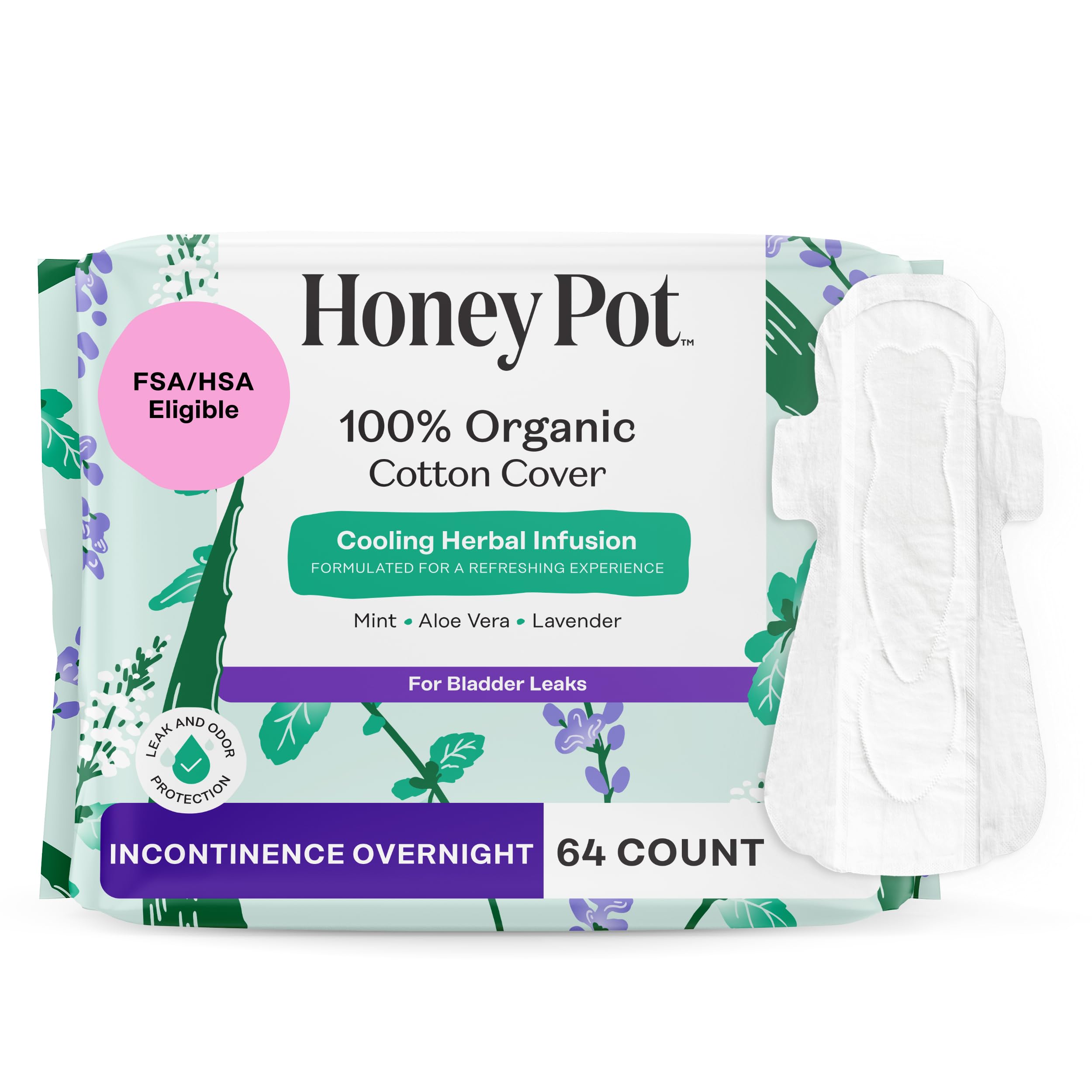 The Honey Pot Company - 64ct - Herbal Pads for Women - Organic Incontinence Overnight w Wings -