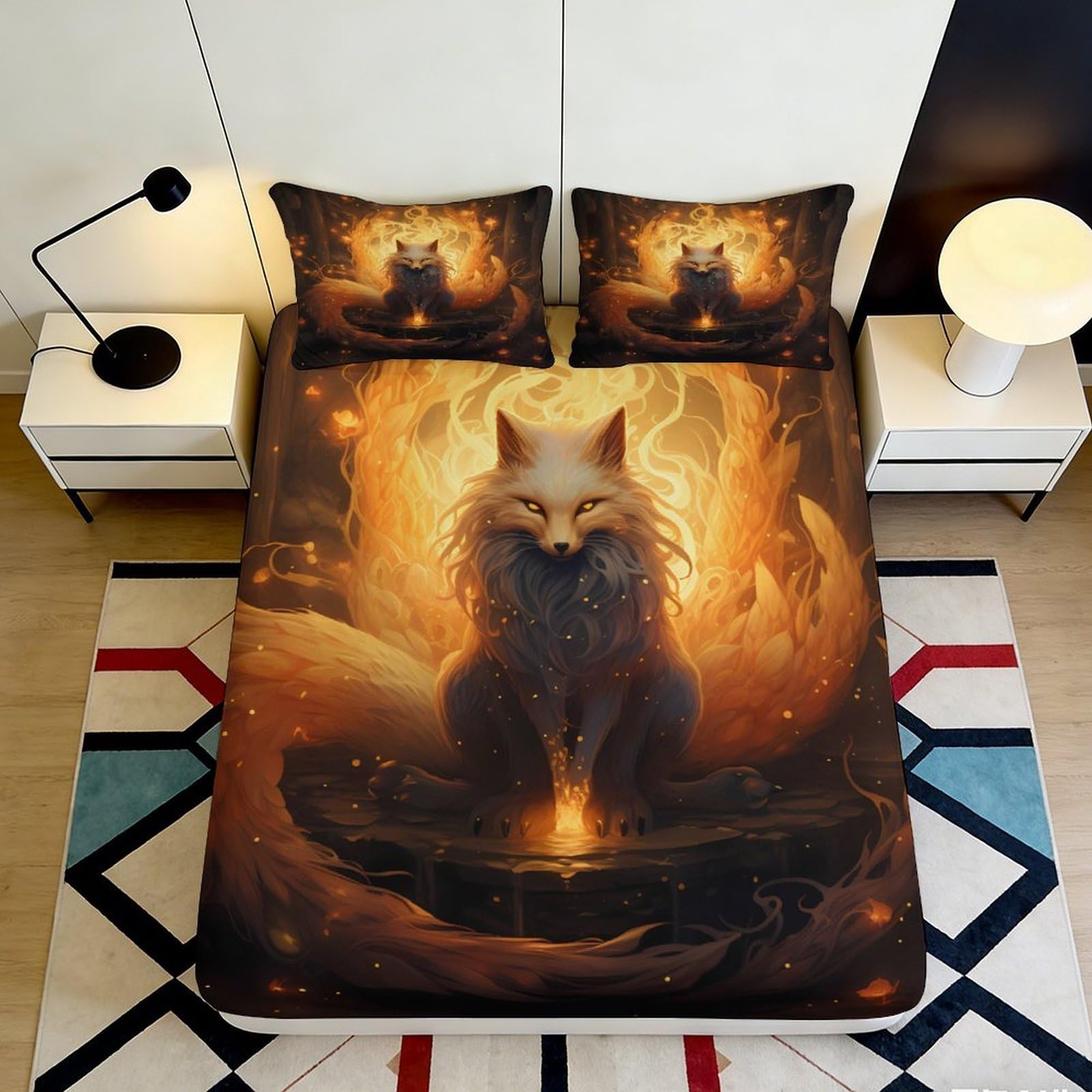 Pnayamiorkfel Style-6 3D Printed Fire Fox Fitted Sheet Microfiber Soft Breathable Fantasy Flame Mattress Cover Anti-Slip For Bedroom Decor 90X200x25cm