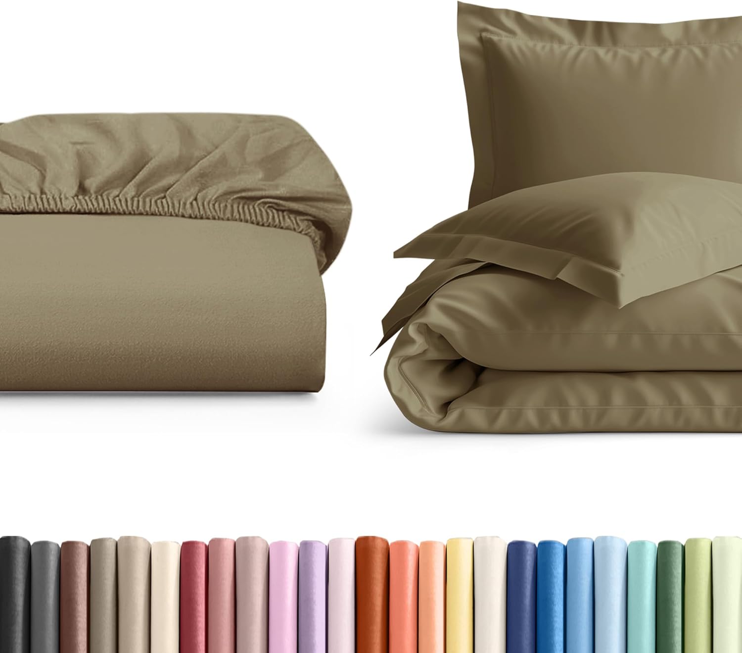 Full Size Fitted Bed Sheet + Duvet Cover Bundle - Hotel Luxury Single Fitted Bottom Sheet Only - Fits Mattress w/ Deep Pockets Between 8 to 16 inches - Ultra Soft, Breathable and Wrinkle Free - Khaki