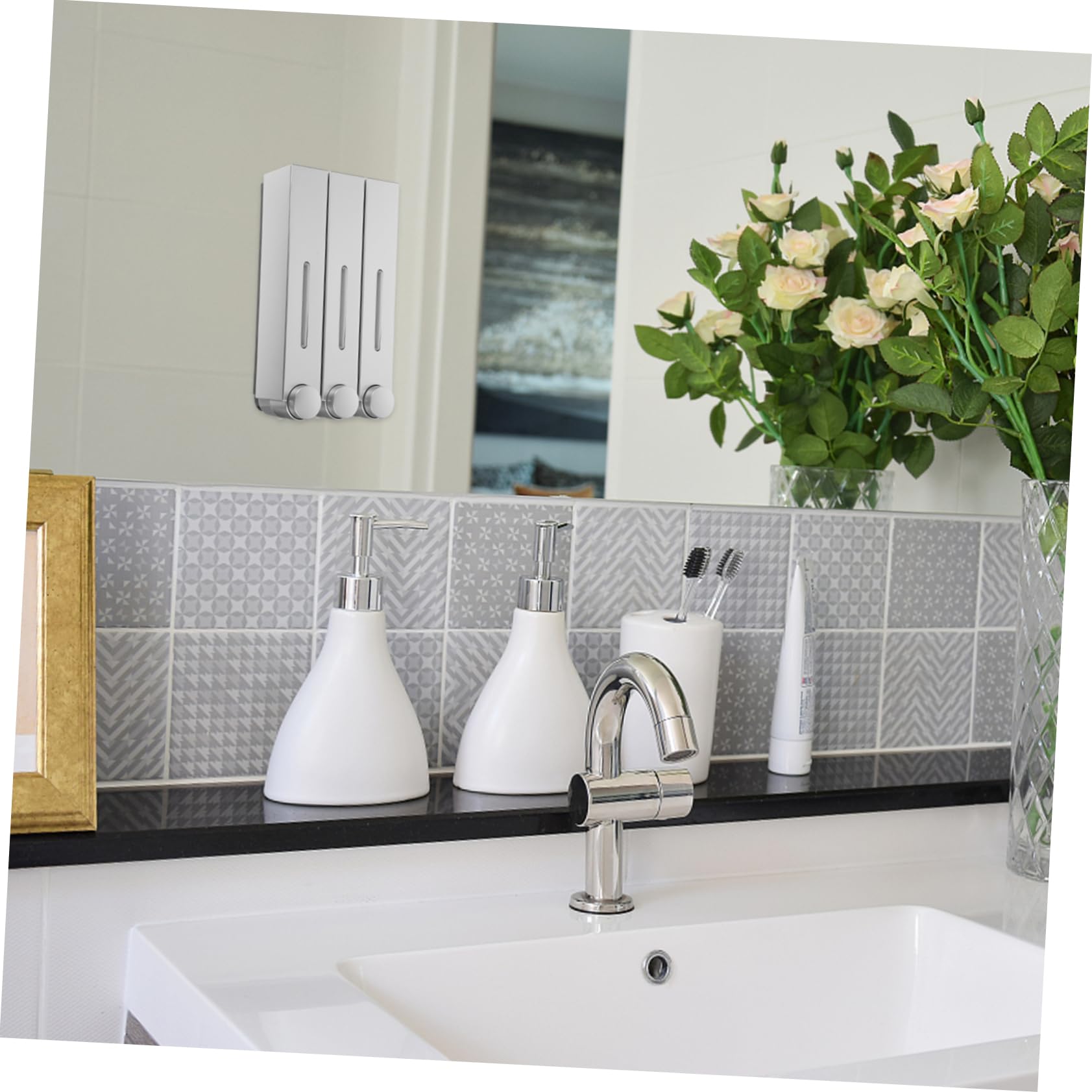 Alipis Dosatore Sapone da Parete a 3 Scomparti, Design a 3 Testine, Abs e Pvc, Argento, per Bagno e Doccia