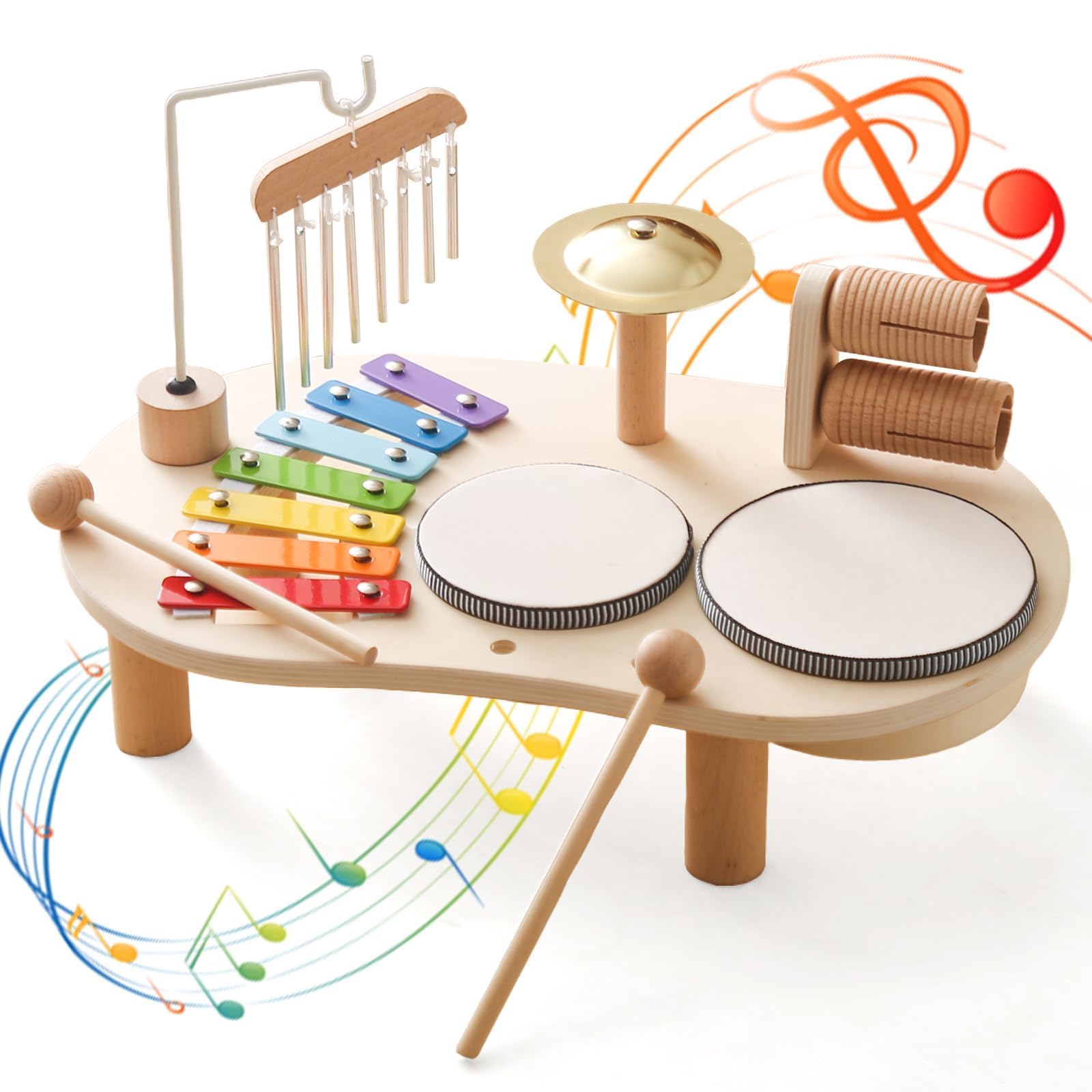 Holz Montessori Musikinstrumente für Kinder ab 1 2 3 Jahre, Schlagzeugset mit Xylophon Trommel, Lernspielzeug Geschenk