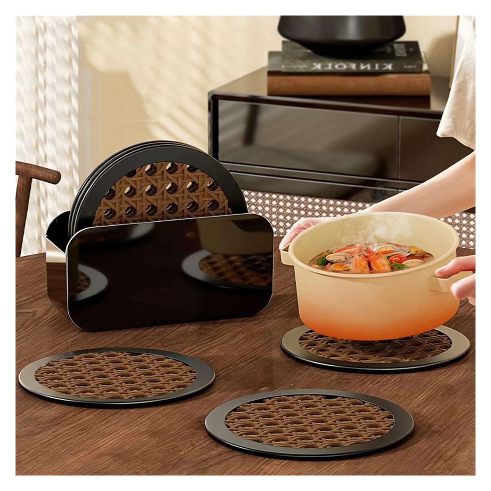 Dessous de plat pliable en silicone, tapis tissés résistants à la chaleur avec boîte de rangement