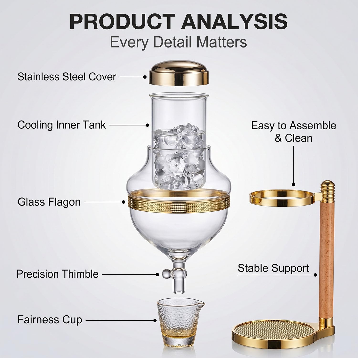 Luksusowy Ice Drip Ekspres Do Kawy Szklany Lejek Stojak Drewniany | Podwójny Szklany Lejek Premium Z Naturalnym Drewnianym Stojakiem Slow Drip I Cold Brew Tower Z Precyzyjnym Kroplownikiem