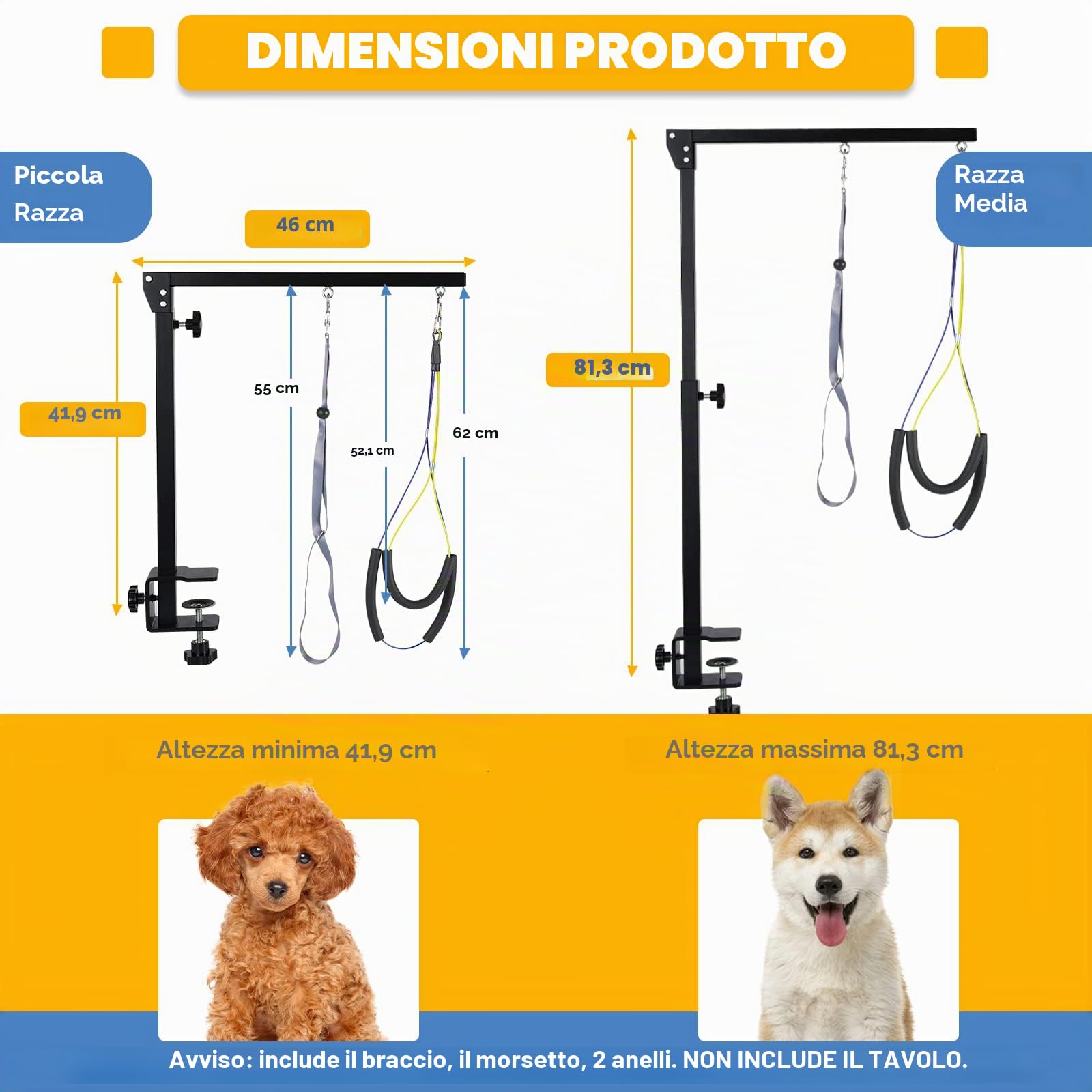 Braccio Regolabile per la toelettatura del Cane con Potente Morsetto in Metallo Antiscivolo, Braccio Portatile per la toelettatura degli Animali Domestici con 1 Cappio ad Anello e Due Supporti Senza
