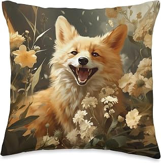 Cute Laughing Fox Cottagecore Botanical Merch Cute Laughing Fox Cottagecore Botanical Flowers Graphic Throw Pillow, 16x16, Multicolor