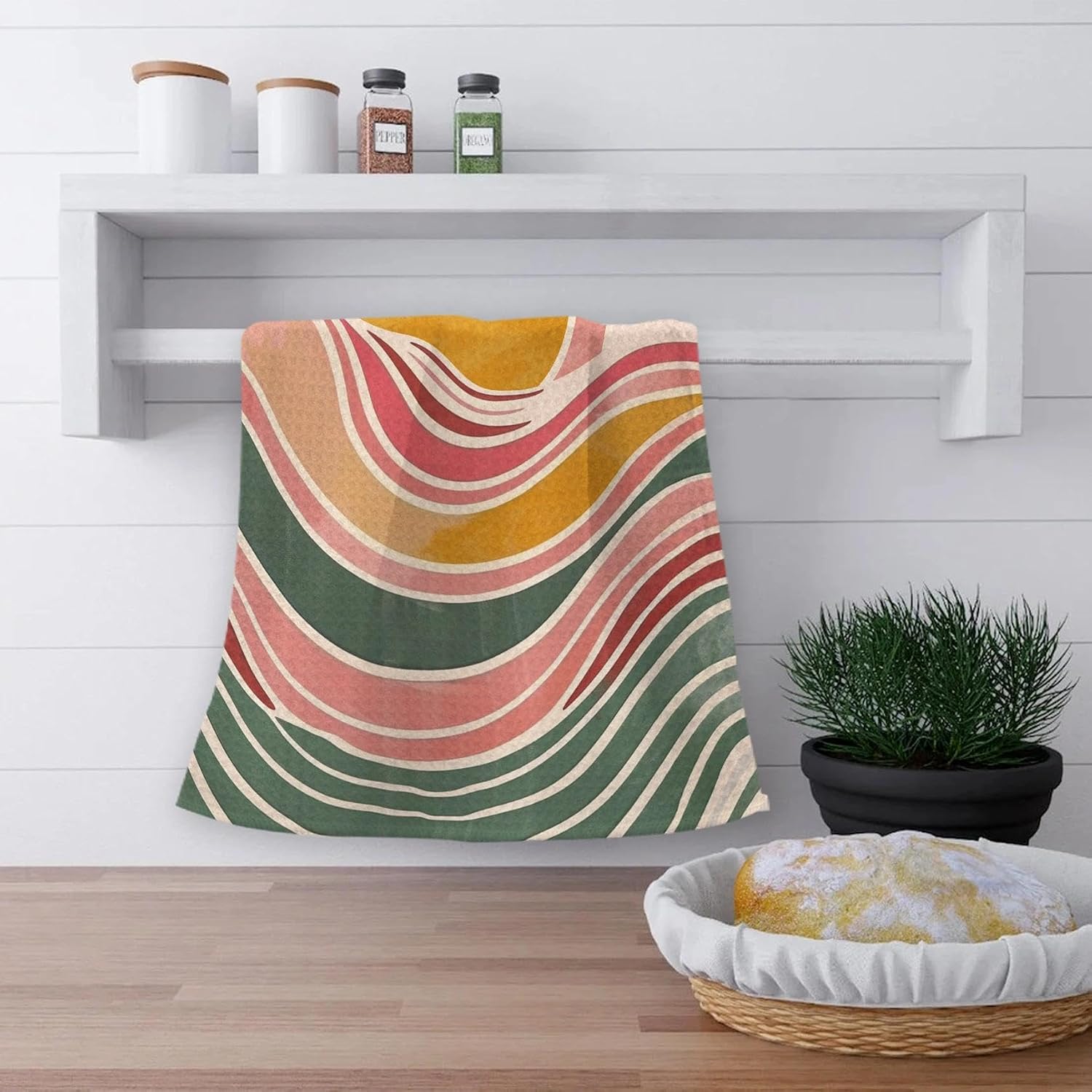 OHSUL Retro Boho Sunshine Abstract Kitchen Towels Dish Towel Dishcloth Set of 2, Mid Century Modern Minimalist Boho Hand Tea Towel for Bathroom Kitchen Decor, 16x24 Inches