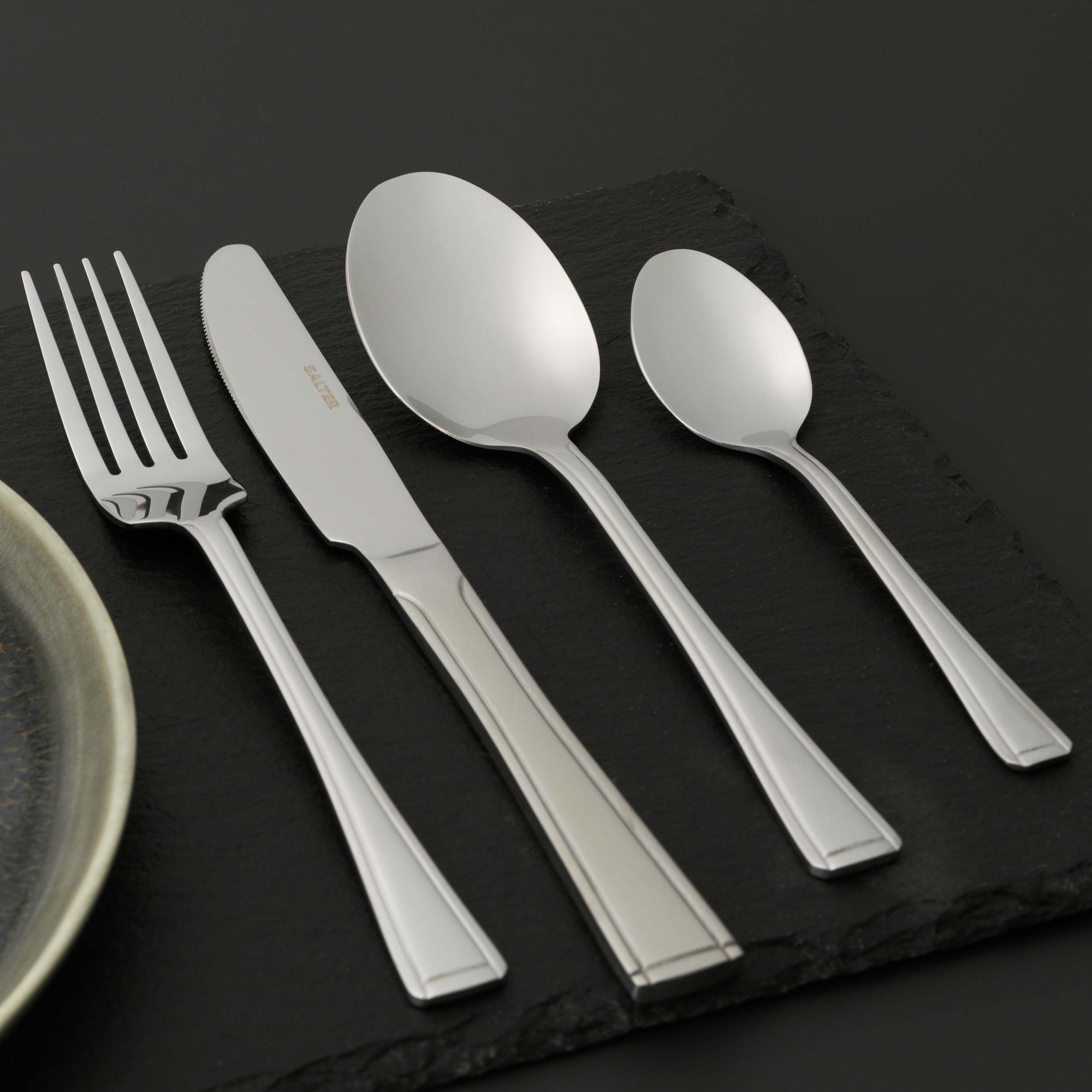 Salter COMBO-8305A Elegance Buxton - Cubertería de 48 piezas para 12 personas, incluye tenedores, cuchillos, cucharillas y cucharas, apto para lavavajillas, acero inoxidable, 15 años de garantía