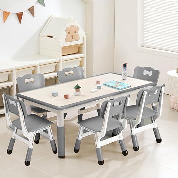 Kids Table and 6 Chairs Set, Height Adjustable Toddler Table and 6 Chair Set for Ages 2-10 for for Crafts and Study, Graffiti Desktop, Non-Slip Legs, Children Activity Table for Daycare, Classroom