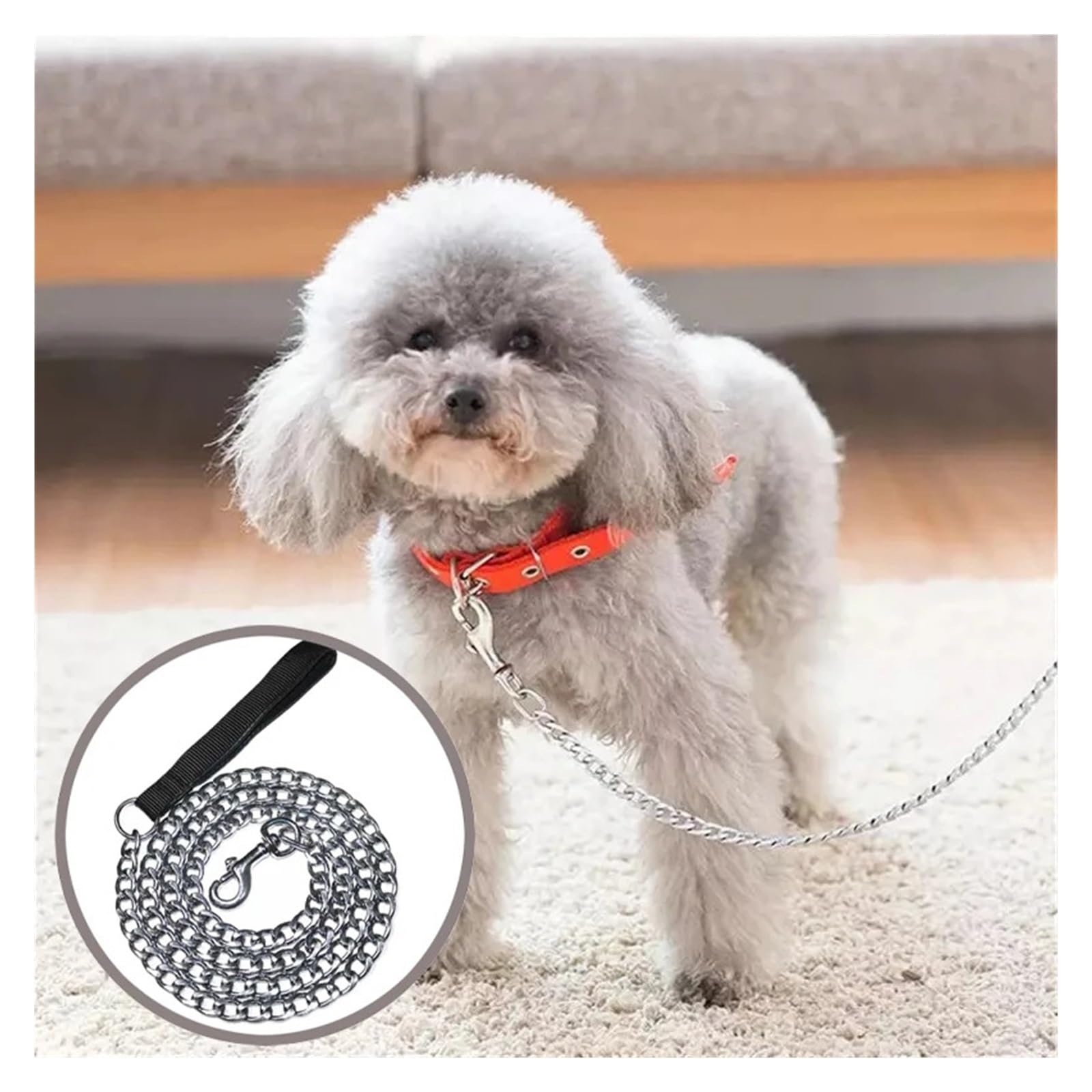 Guinzaglio per cani in metallo resistente, anti-morso, con manico morbido, per razze medie e grandi (rosso, 3 mm)