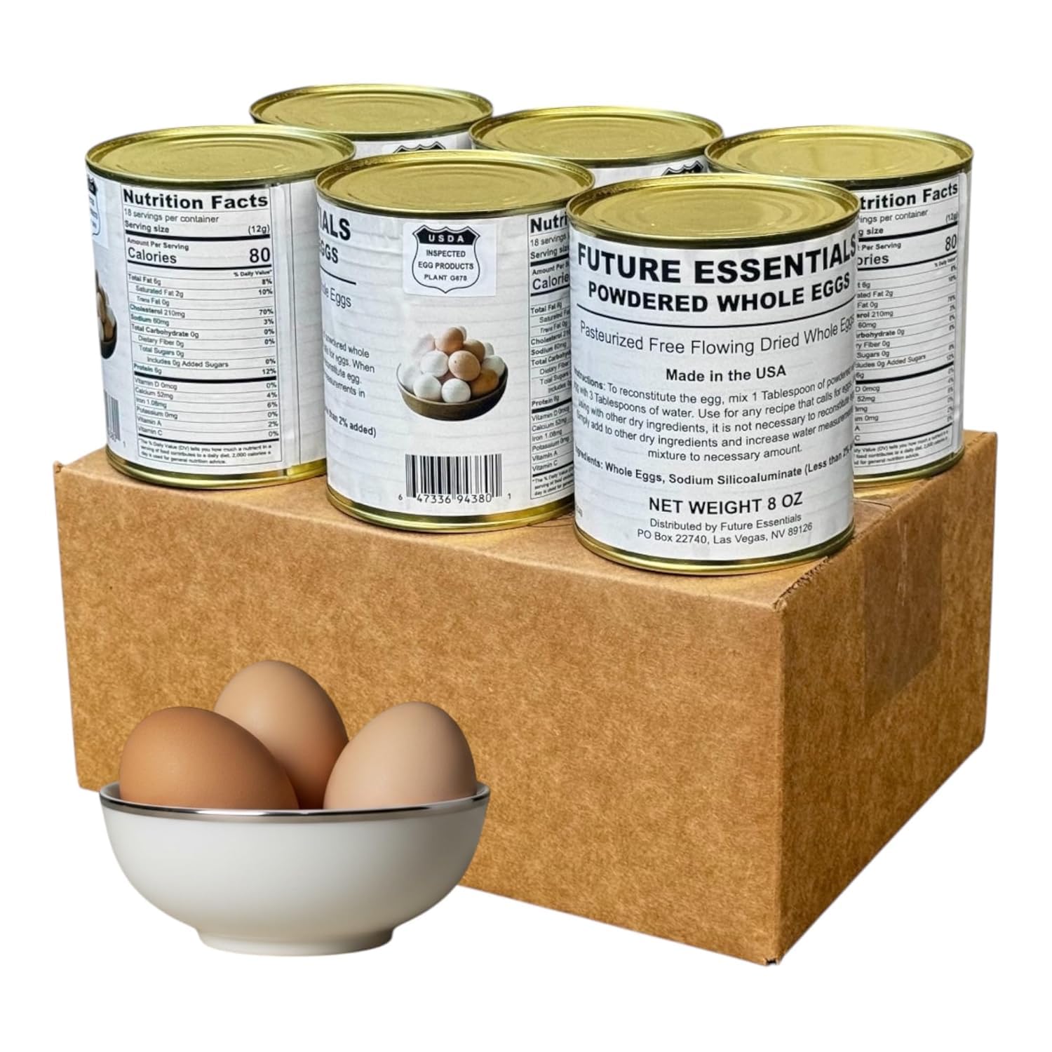 Future Essentials - Uova intere in polvere, 6 lattine (misura 2,5, 226,8 g ciascuna), forniture da forno, pasti da campeggio, cibo di sopravvivenza, 10 anni di durata a lungo termine, fornitura di