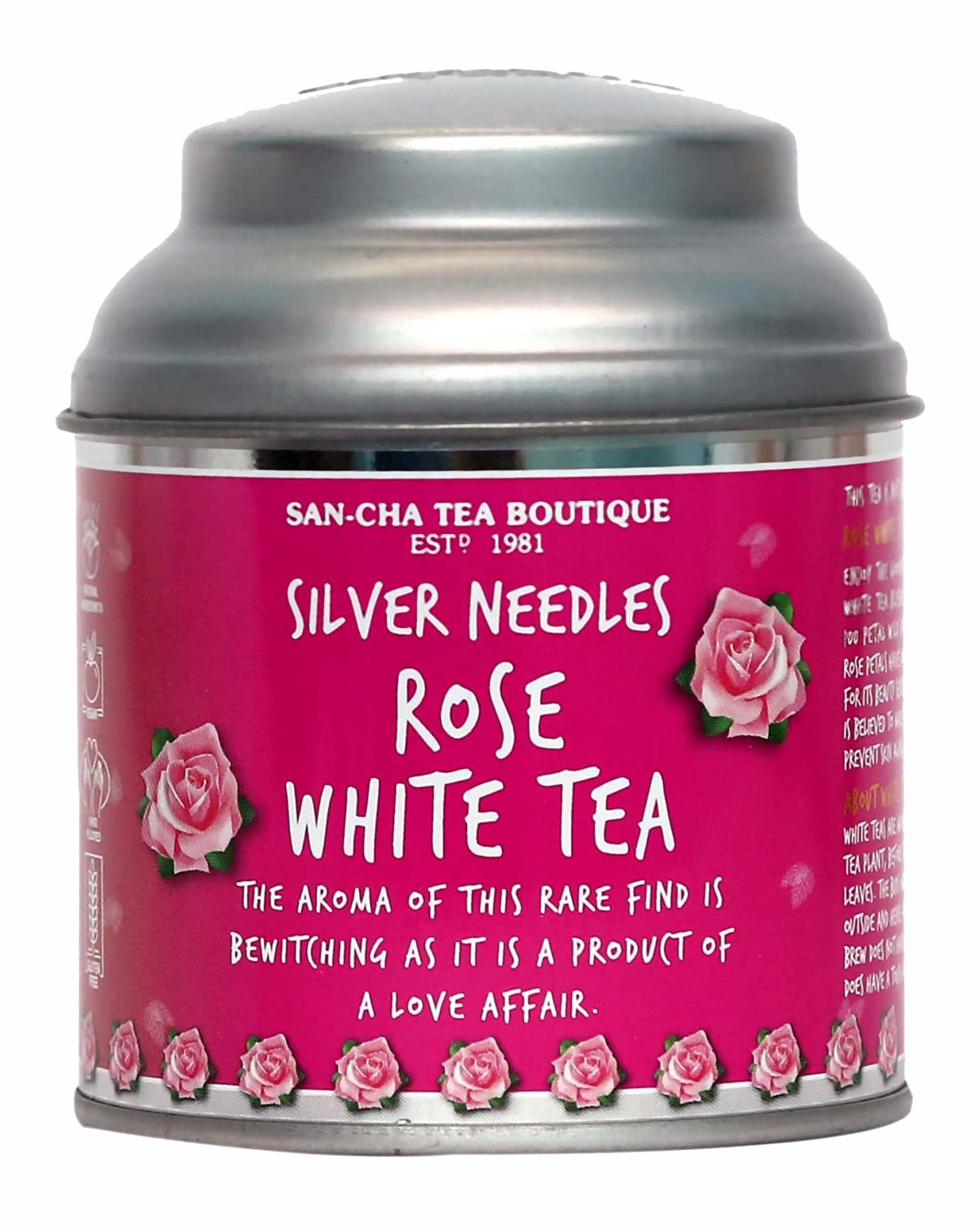 Sancha Tea Boutique, Rose White Tea, 25g Loose Leaf Silver Needle White Tea, Blended with Indian Wild Rose Petals, Floral Premium Tea