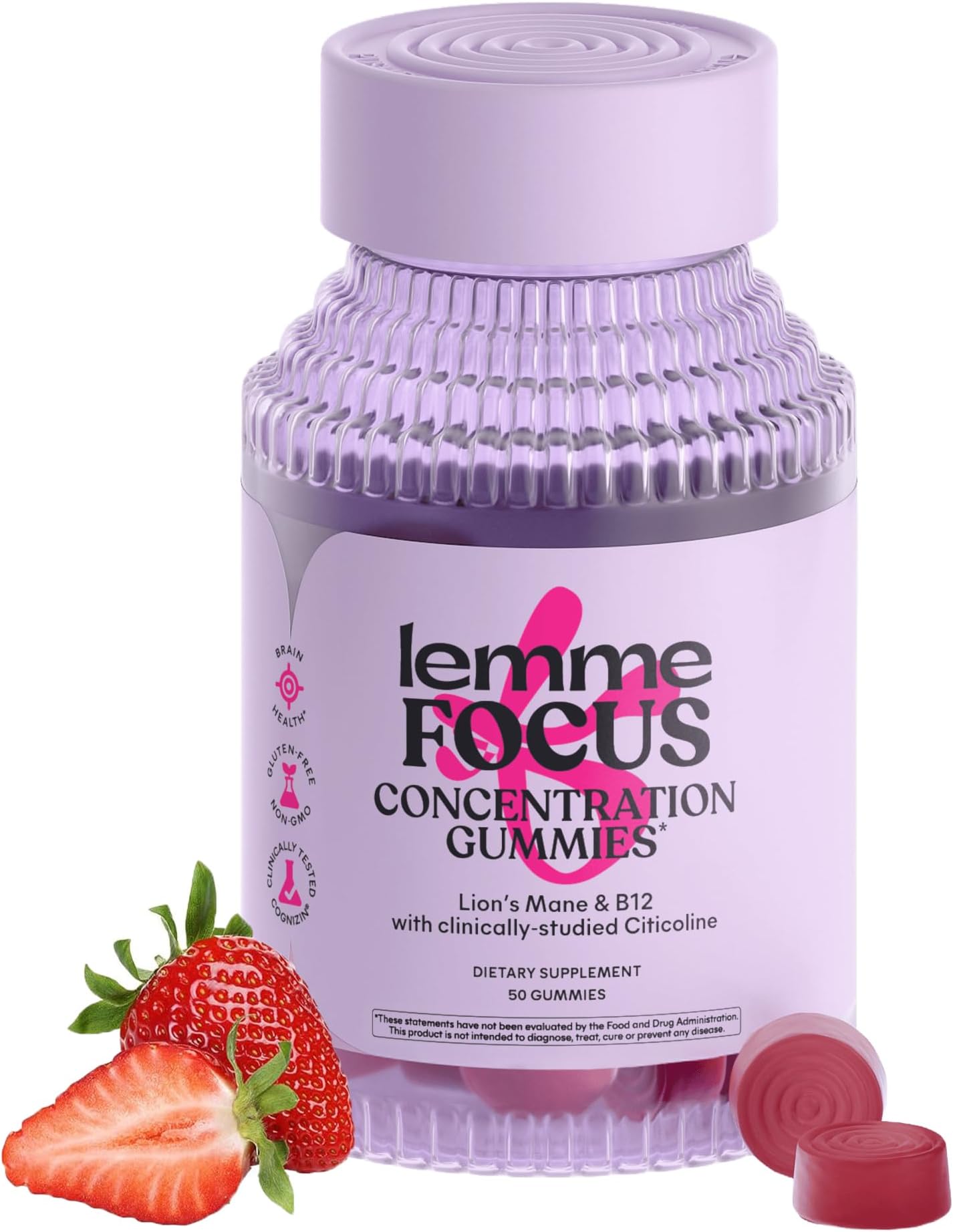 Focus Concentration & Brain Health Gummies with Cognizin Citicoline, Lion's Mane Mushroom, Vitamin B12 - Vegan, Gluten Free, Caffeine Free, Strawberry (50 Count)