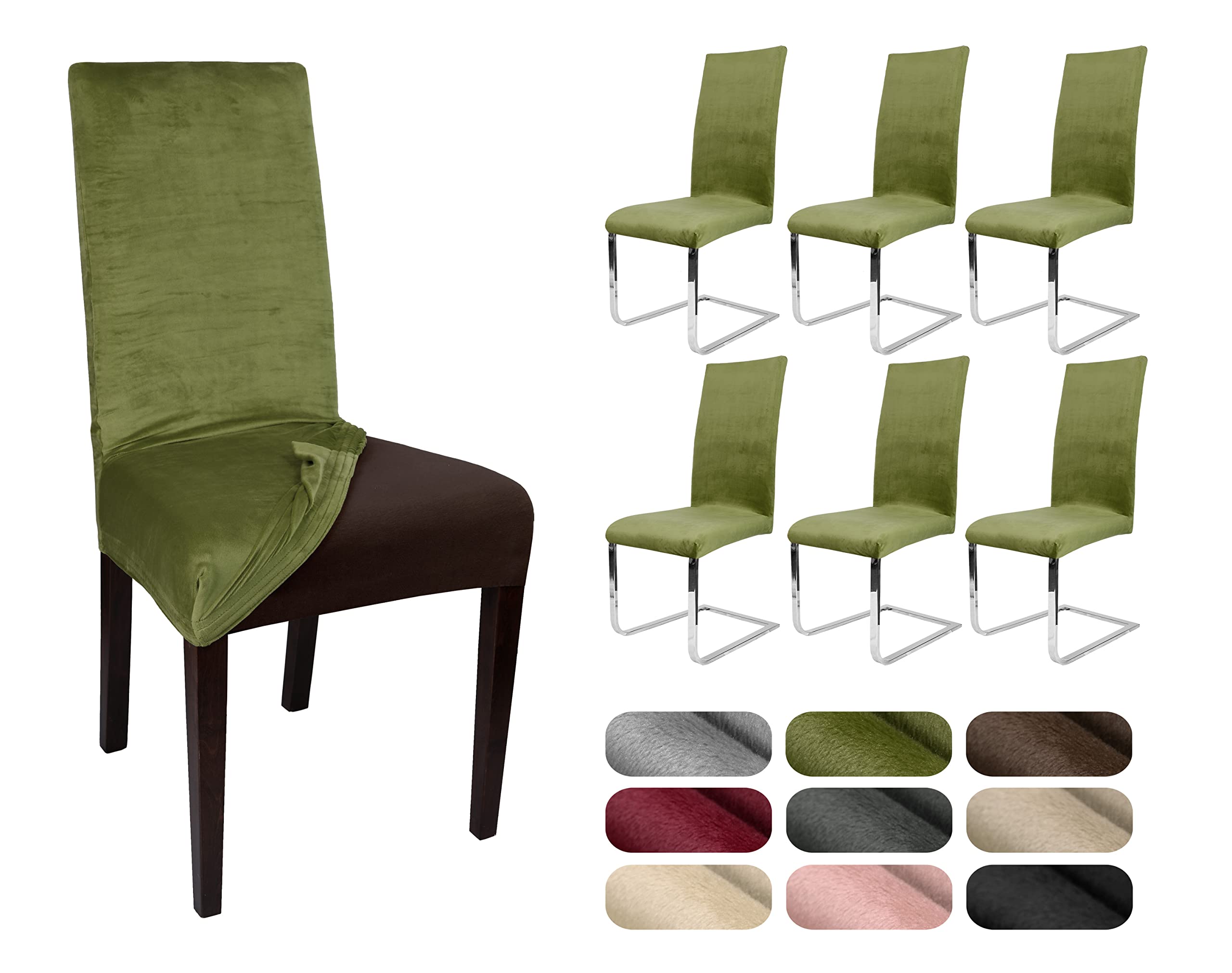 BEAUTEX Stuhlhussen Samt Stretch Stuhl & Schwingstuhl 6er Set Olivgrün LEA | 95% Polyester, 5% Elasthan, weiche Velours-Oberfläche, Rundum-Gummizug, 30 °C waschbar, faltenarm, formstabil & langlebig