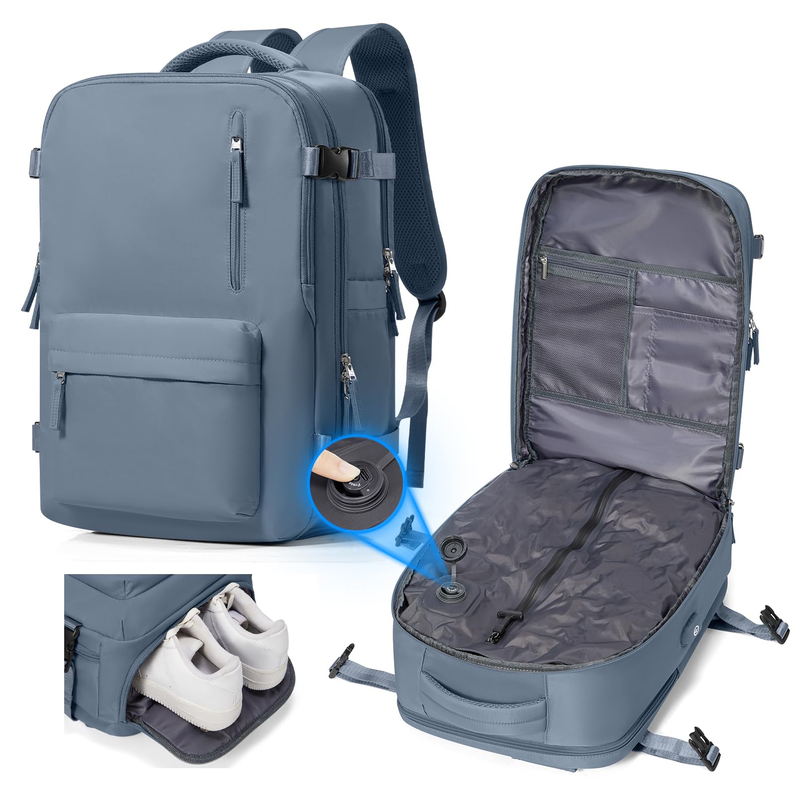 suradar Zaino Ryanair Sottovuoto da Viaggio con Pompa Integrata Wizzair Eurowings Vueling, Zaino con Sottovuoto Incorporato 40x30x20 Aereo Bagaglio a Mano 40x30x20 Vacuum Travel Backpack Blu reale