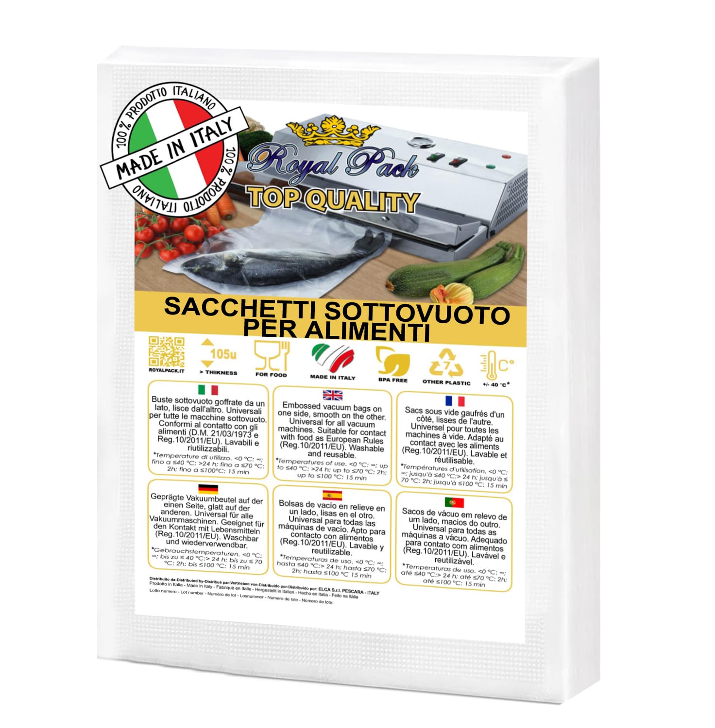 Royal Pack TOPQUALITY buste sottovuoto goffrate da un lato e lisce dall'altro. Universali, alta qualità, alto spessore. Confezioni da 25, 50 e 100 sacchetti. Made in Italy