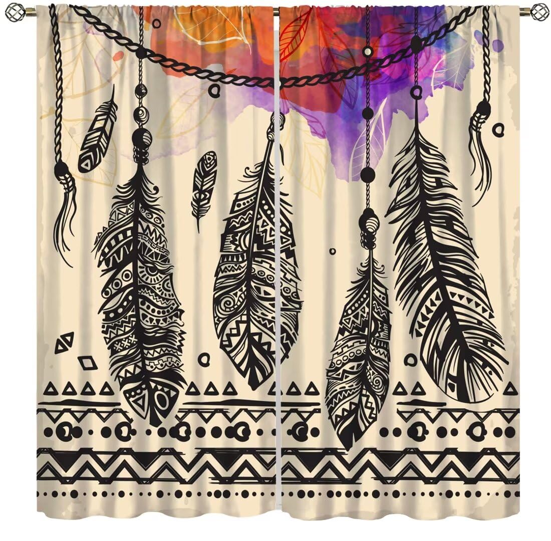 DDCBNS Vintage Feather Kitchen Curtains,Native American Indian Ethnic Tribe Window Treatments for Bedroom Living Room Bar Rod Pocket Window Drapes 2