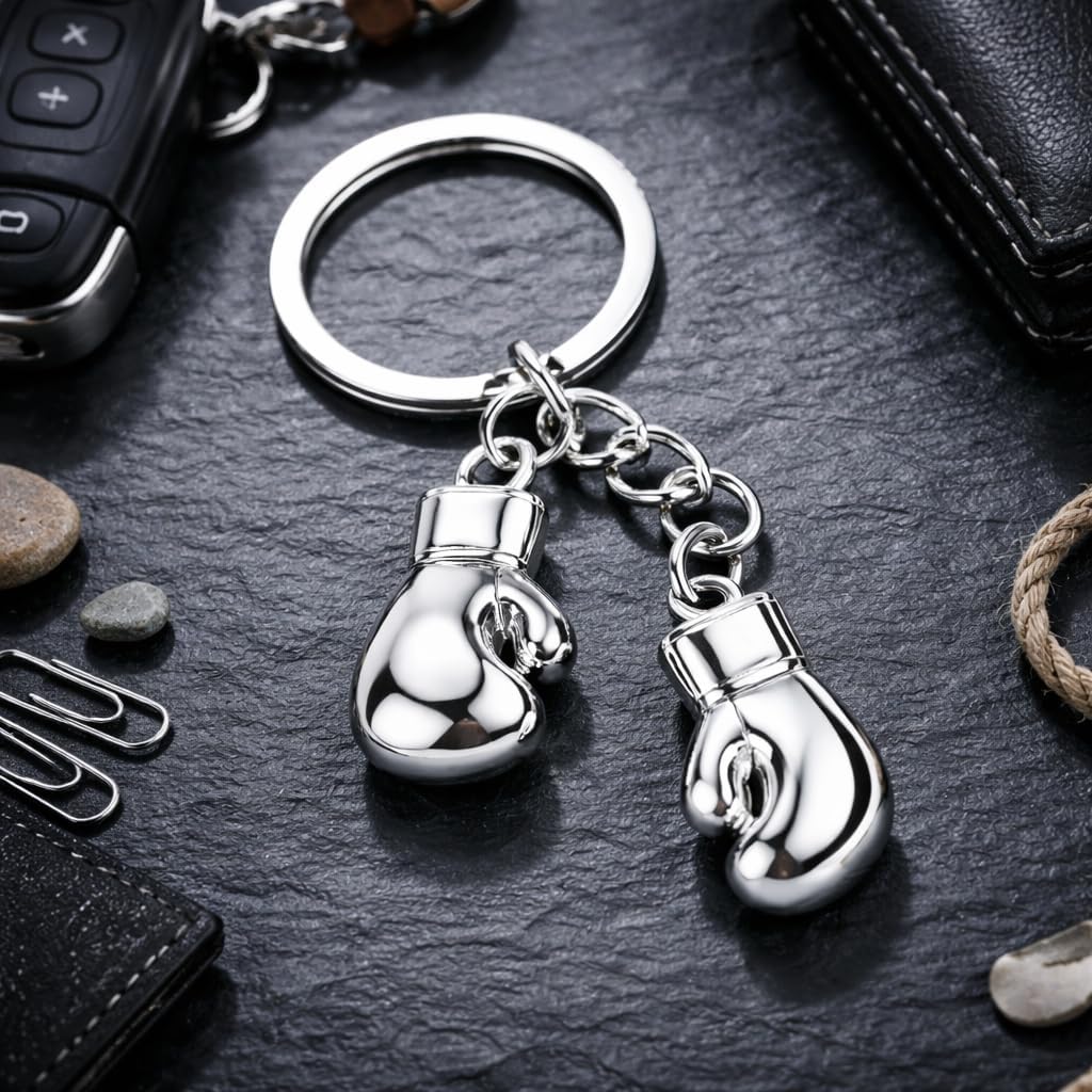 Boxing Glove Keychain-Sport Keychains Bag Charms for Woman with Silver boxing gloves and chains, Inspirational Key Chains Gifts for Boxers and Fighters，Friends,Sons image 2