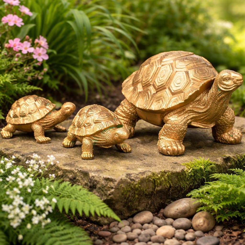 Garden Mile Bronze Set Of 3 Tortoise Family Ornaments Novelty Effect Garden Statues Outdoor Indoor Decoration For Home, Patio, Deck, Weatherproof Resin Turtle Garden Ornament