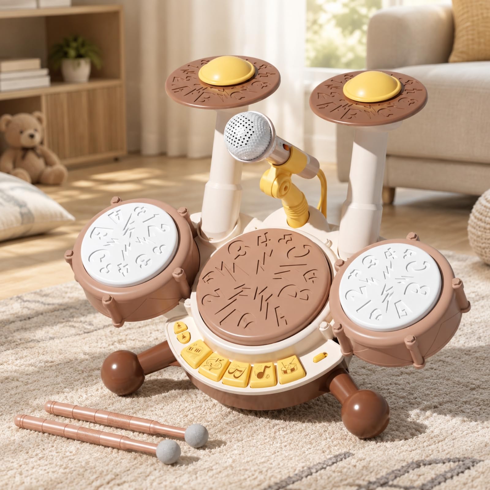 Set Batteria per Bambini Educativo Giocattolo con Microfono Non Tossico Strumento Musicale per Neonati, Cameretta, Casa