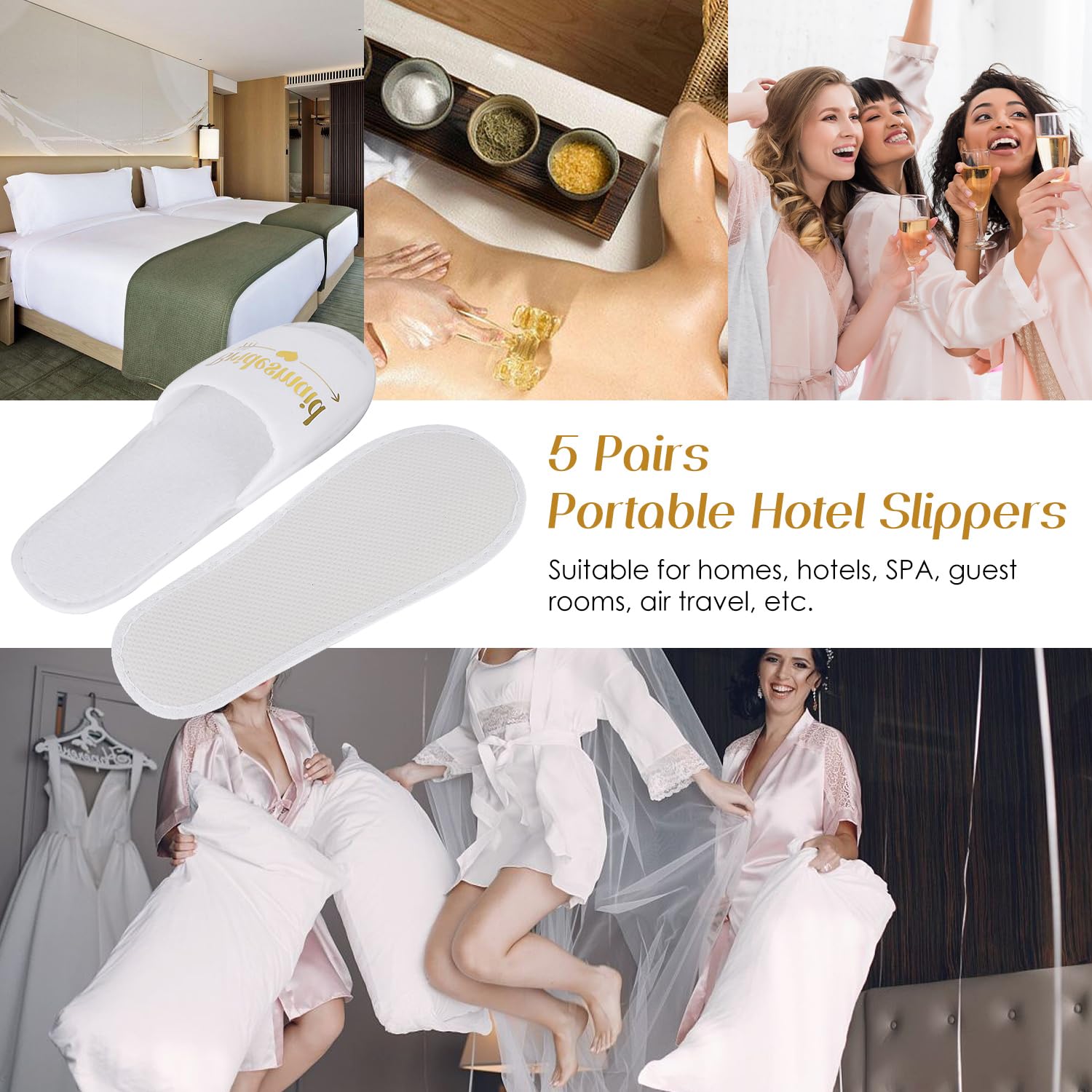 5 par kapci hotelowych, przenośne białe jednorazowe kapcie ślubne dla panny młodej, kapcie dla druhny na wesele kapcie dla nowożeńców kapcie spa