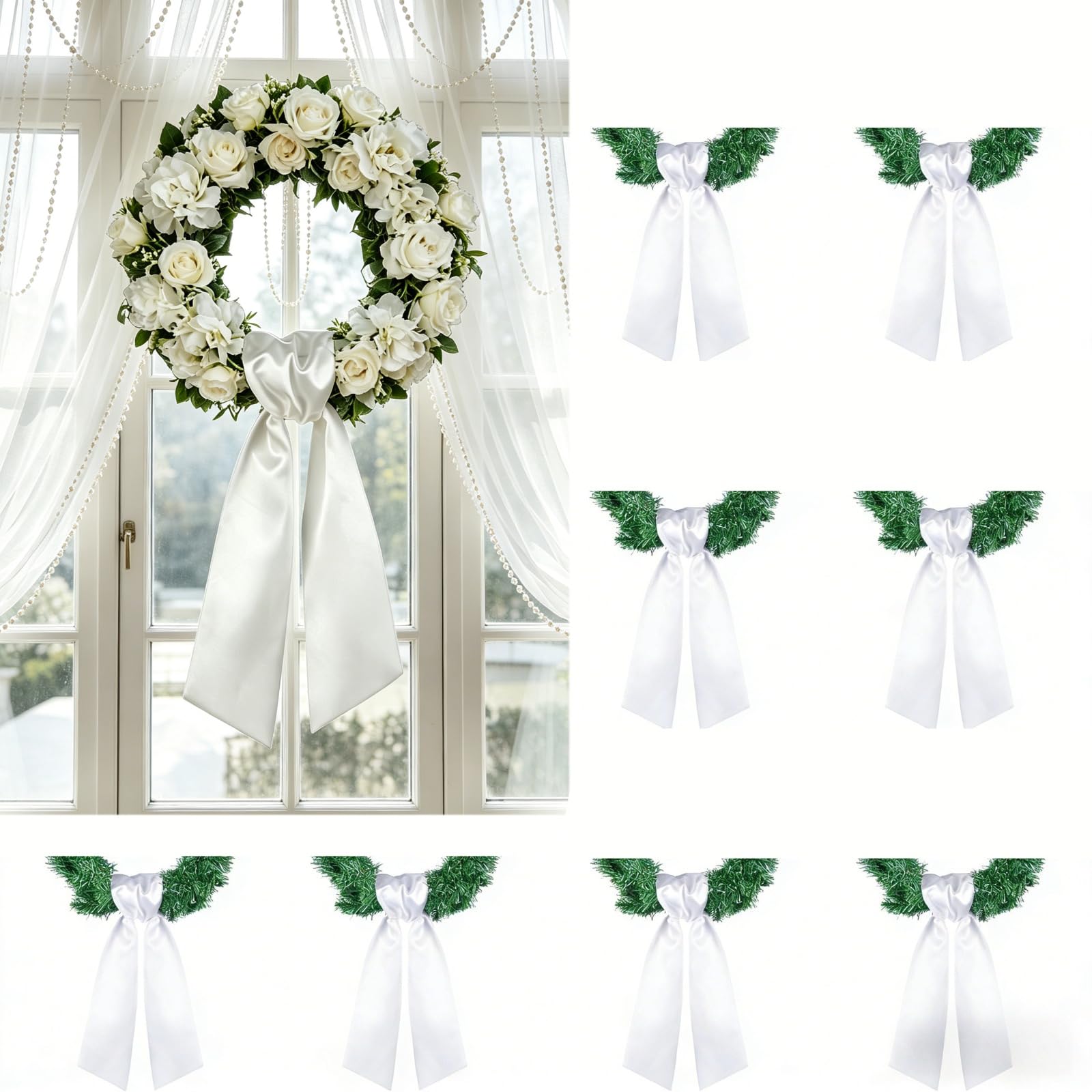 Dream Loom 8 Pack White Wreath Sash for Front Door, Blank DIY Door Wreath Ribbon Bow for Weddings, Easter, Christmas &amp; Farmhouse Decor
