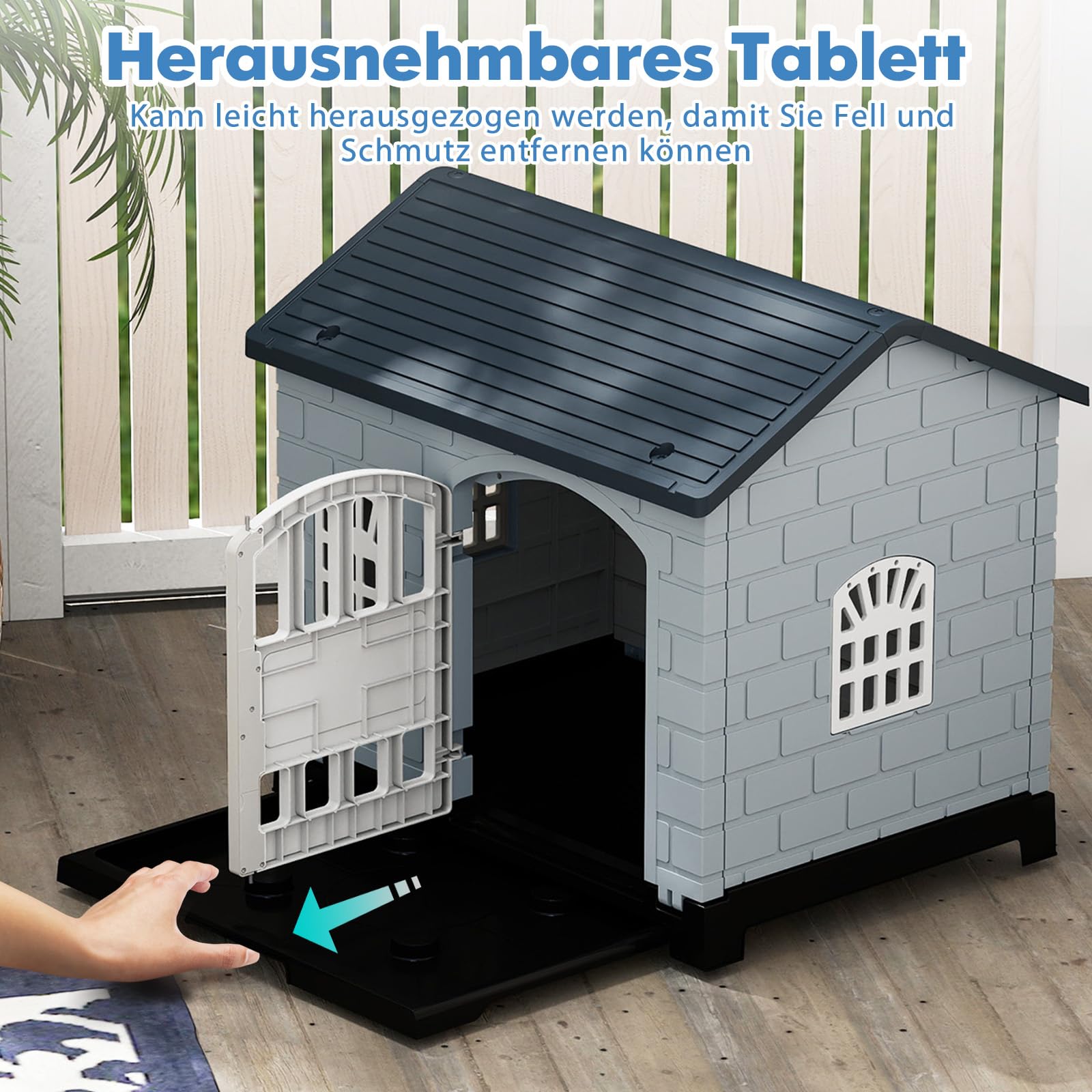 Plastik-Hundehütte, Hundehütte Welpenunterstand mit 3 Fenstern, abschließbare Tür, Schrägdach, abnehmbares Tablett, Indoor- und Outdoor-Hundezwinger für kleine und mittelgroße Hunde (Grau)