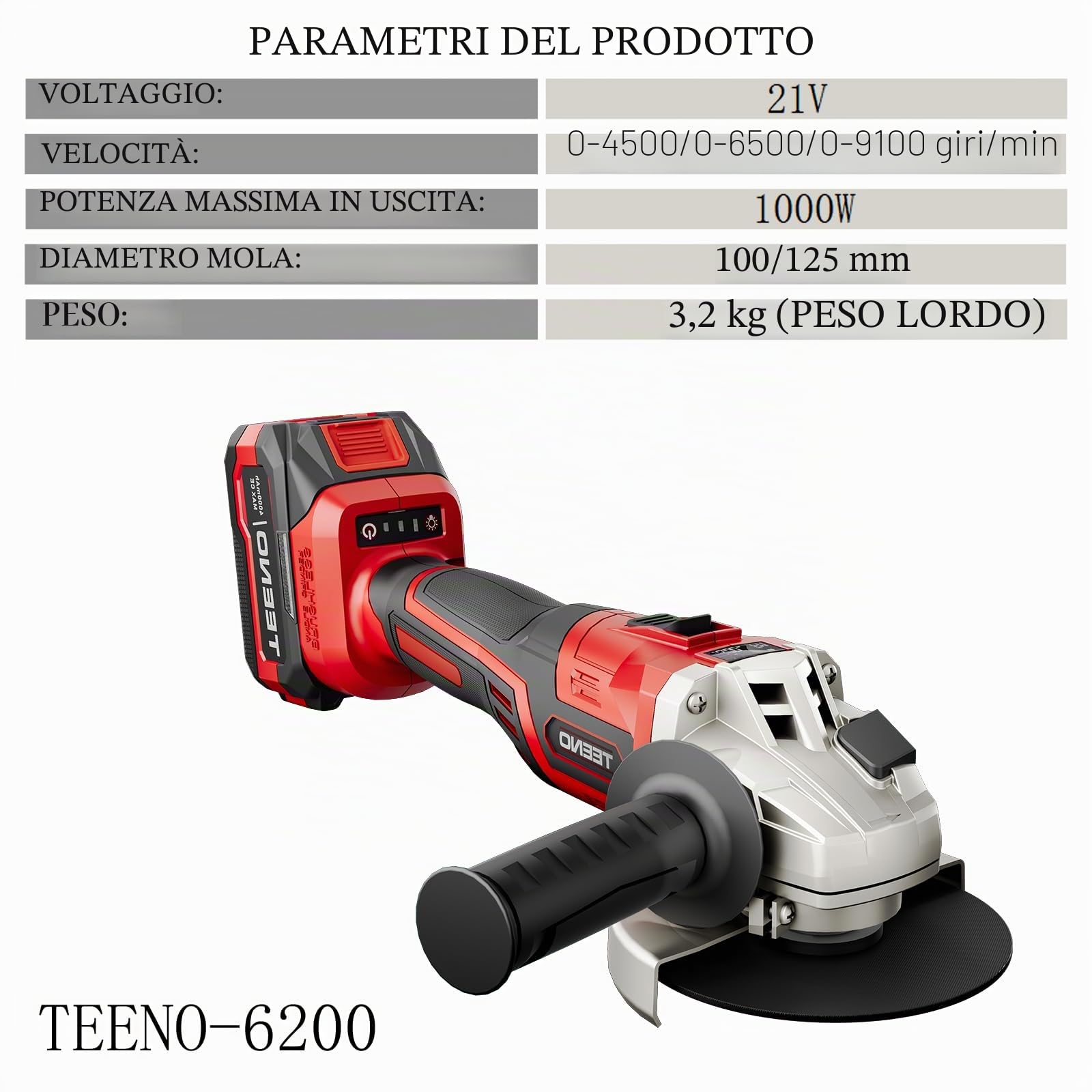 TEENO-Smerigliatrice angolare wireless brushless 21V 1000W 9100giri/min | disco taglio 125mm+disco dentato-adatta metallo legno lana roccia-ideale smerigliatrice a batteria