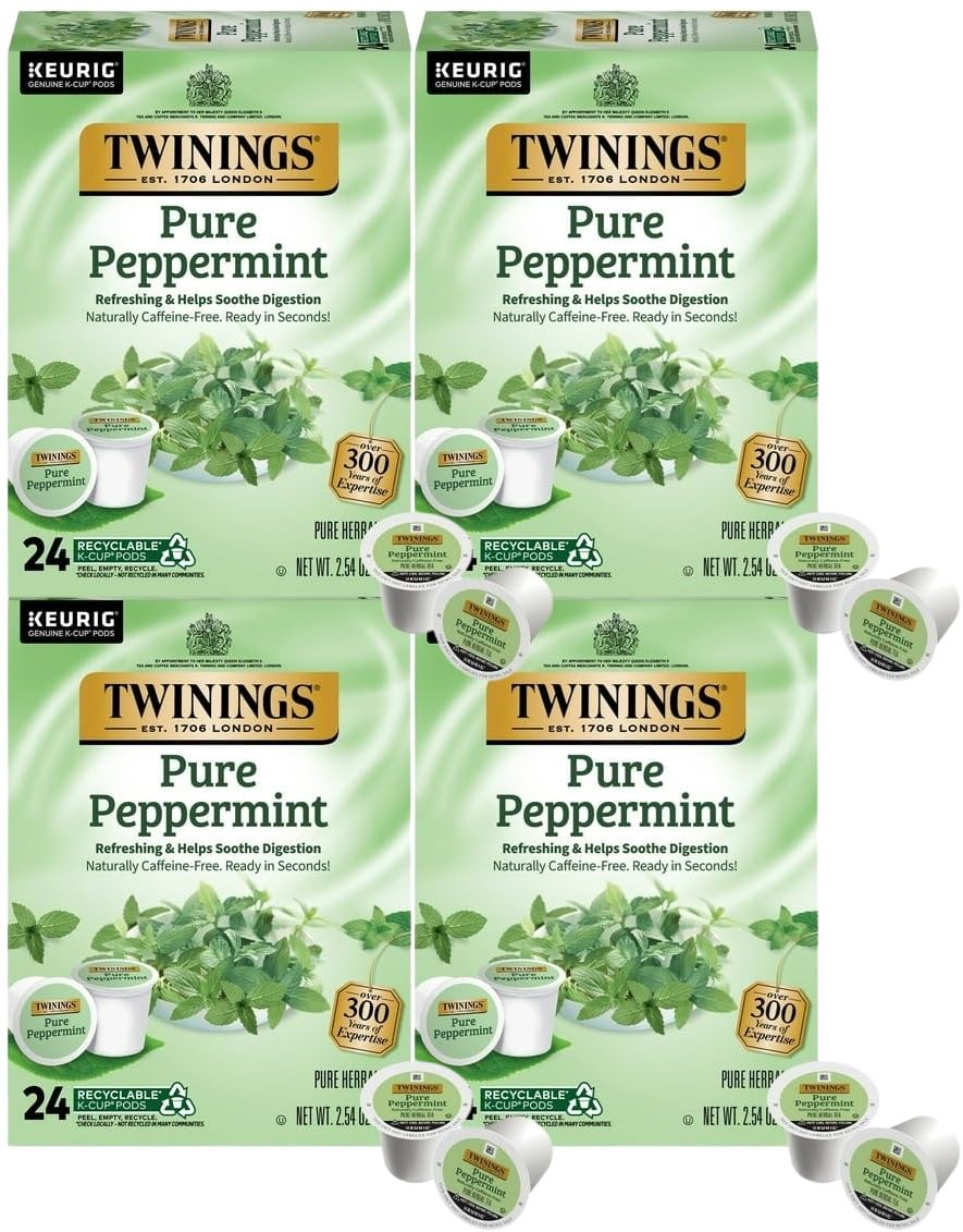 Twinings Pure Peppermint Tea Single Serve K-Cup Pods for Keurig, Naturally Caffeine Free, Made with 100% Pure Peppermint, 24 Count (Pack of 4)
