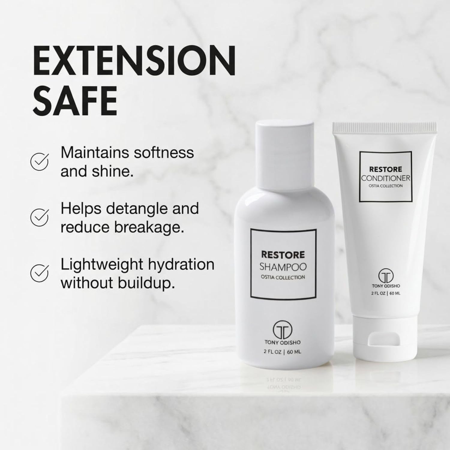 Restore Mini Maintenance Kit - Travel Size Hair Care Set for All Hair Types & Extension Maintenance with Shampoo, Conditioner & 3-in-1 Mist Spray, Paddle Brush & Cosmetic Bag