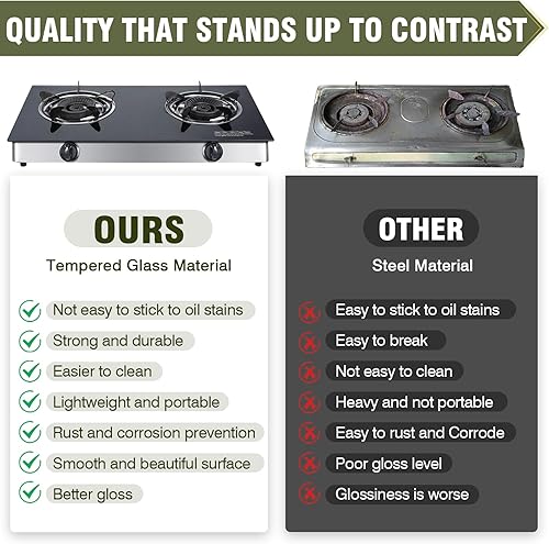 Miniatura 4 de Placa de cocina de gas propano de 2 quemadores, estufa portátil de doble quemador de vidrio templado con encendido automático, 19,000 BTU, regulador