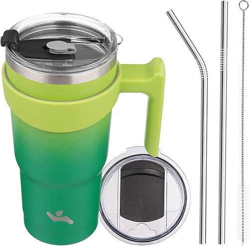 Vaso de 20 onzas con asa y 2 pajillas, 2 tapas, botella de agua aislada de acero inoxidable al vacío, taza de viaje reutilizable, color verde matcha disponible en Yaxa Peru