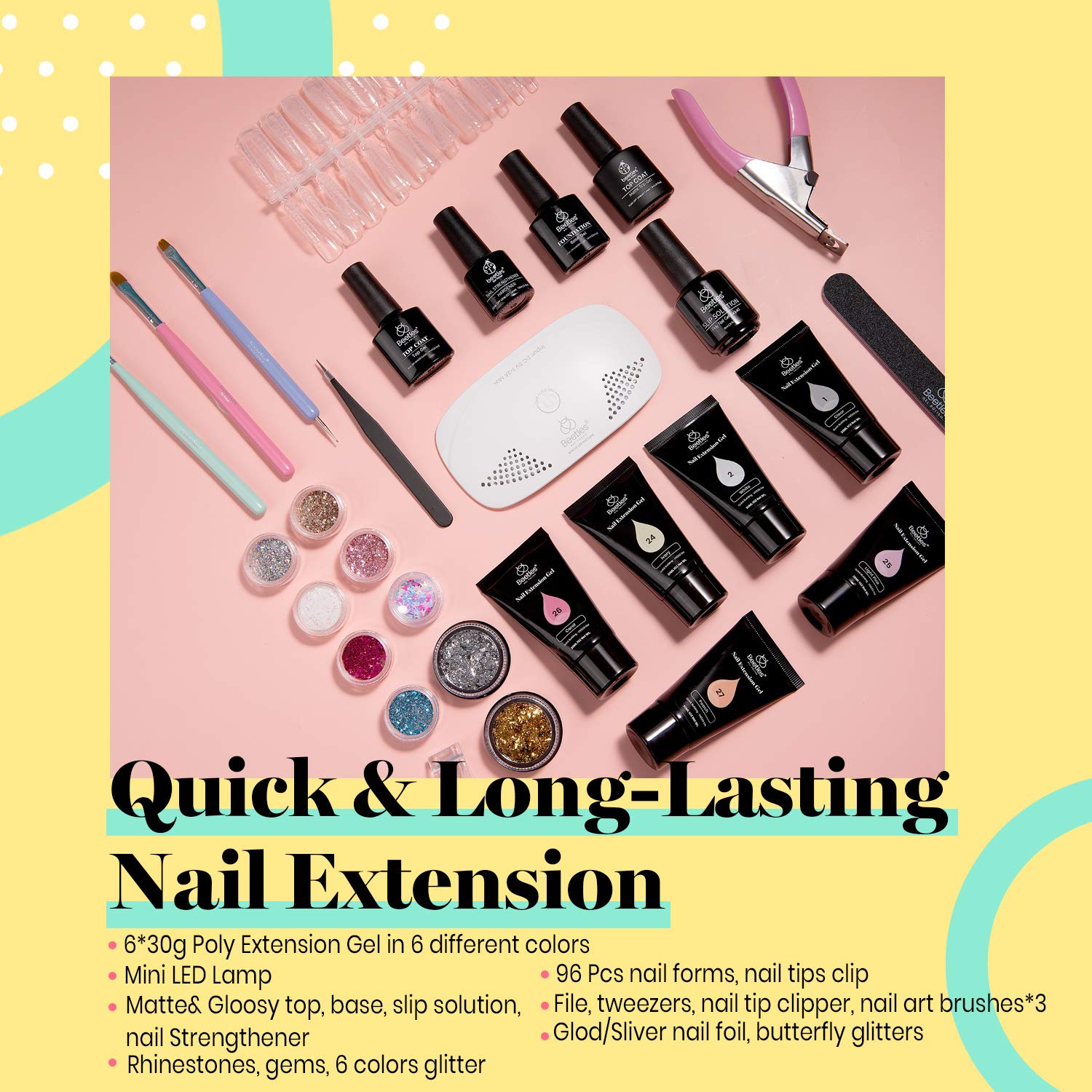 Beetles Poly Extension Gel Nail Kit, 6 Natural Skin Tone 30g gel with Mini Nail Lamp Slip Solution Rhinestone Glitter Nail Art Brush All In One Kit for Nail Manicure Starter Kit Gift for Women