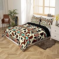 Vista 6 de Erosebridal Funda de edredón de piel de vaca marrón con estampado de vaca de las tierras altas, juego de ropa de cama occidental exótico azteca