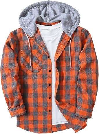 JACKETOWN Men's Hoodies Long Sleeve Casual Plaid Flannel Shirt Mens Jackets Top Button Down Shirts for Men Cotton Lumberjack Regular Fit