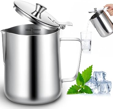 32 oz 304 Stainless Steel Pitcher with Lid, 1 L Large Metal Measuring Cup with Handle, Large Mouth Graduated Beakers, Milk Frothing Jug for Latte Art, Espresso Machines, Tea