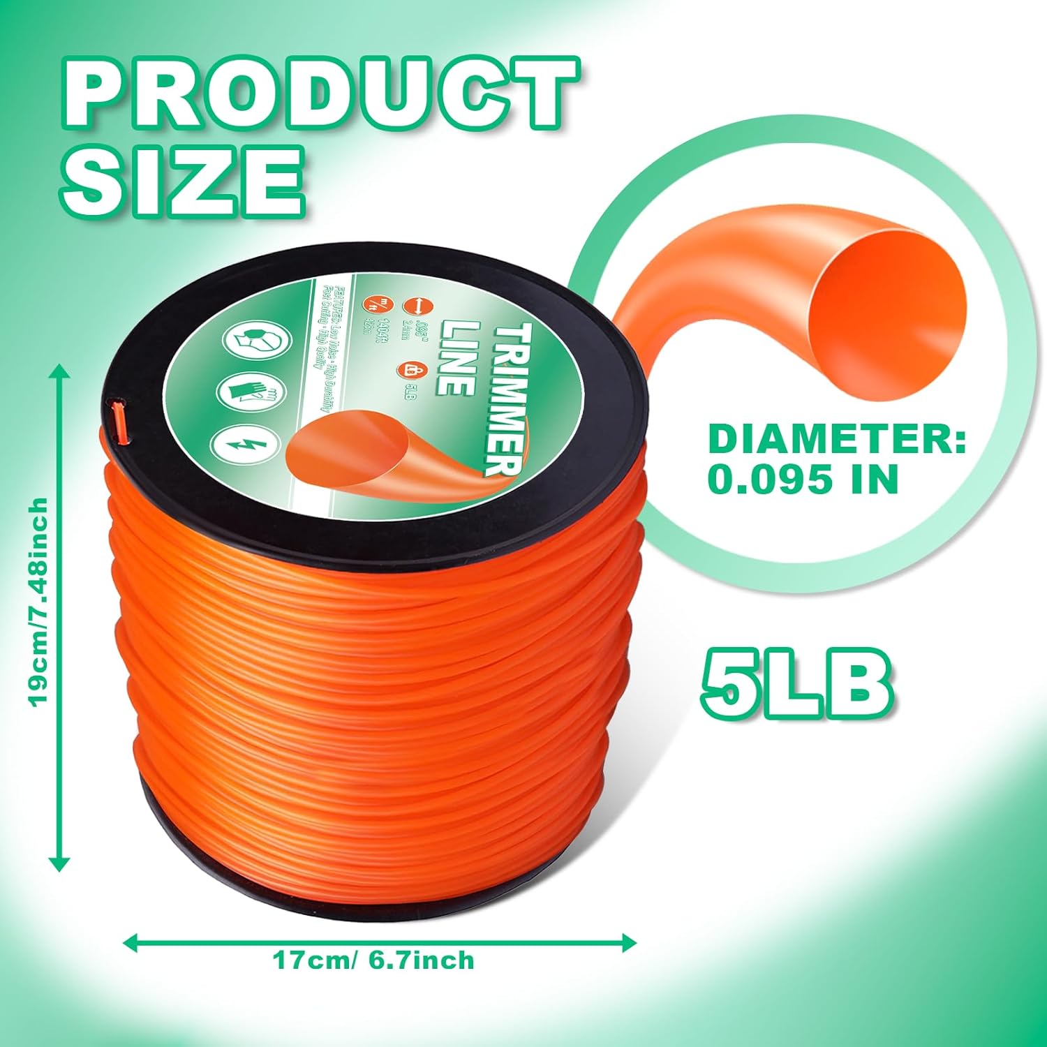 095 Trimmer Line Heavy Duty Commercial Grade Round 0.095 Inch String Trimmer Line,Weed Eater String .095Inch-1404Ft-5Lb Fits Most of String Trimmer(095" 5LB Round)