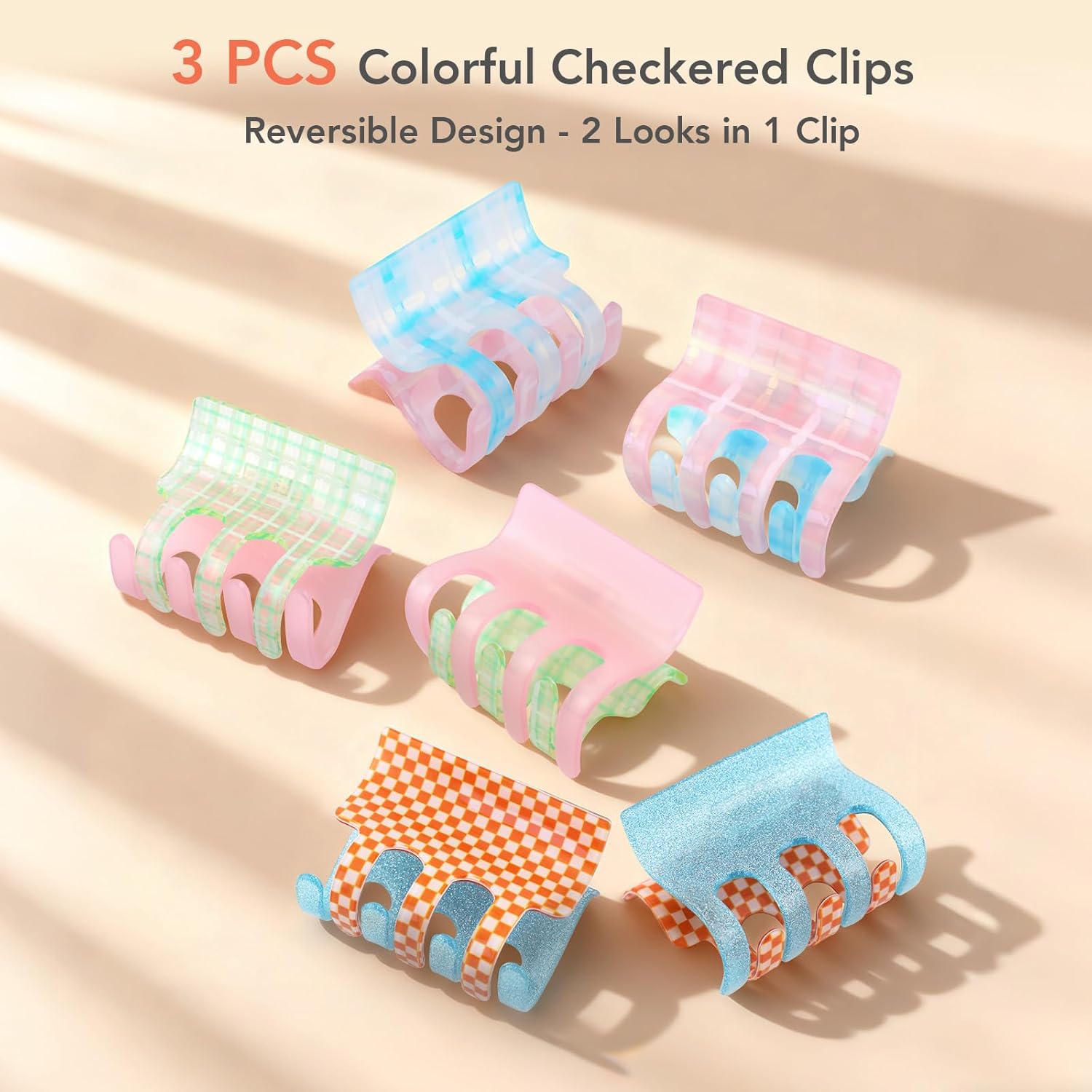 Checkered Hair Claw Clips 3-Pack, Medium French Claw for Women, 2.6 Inch Reversible Hair Clips for Thick and Thin Hair, Strong Hold Non-Slip Colorful Acetate Clips Set | 3 Colors