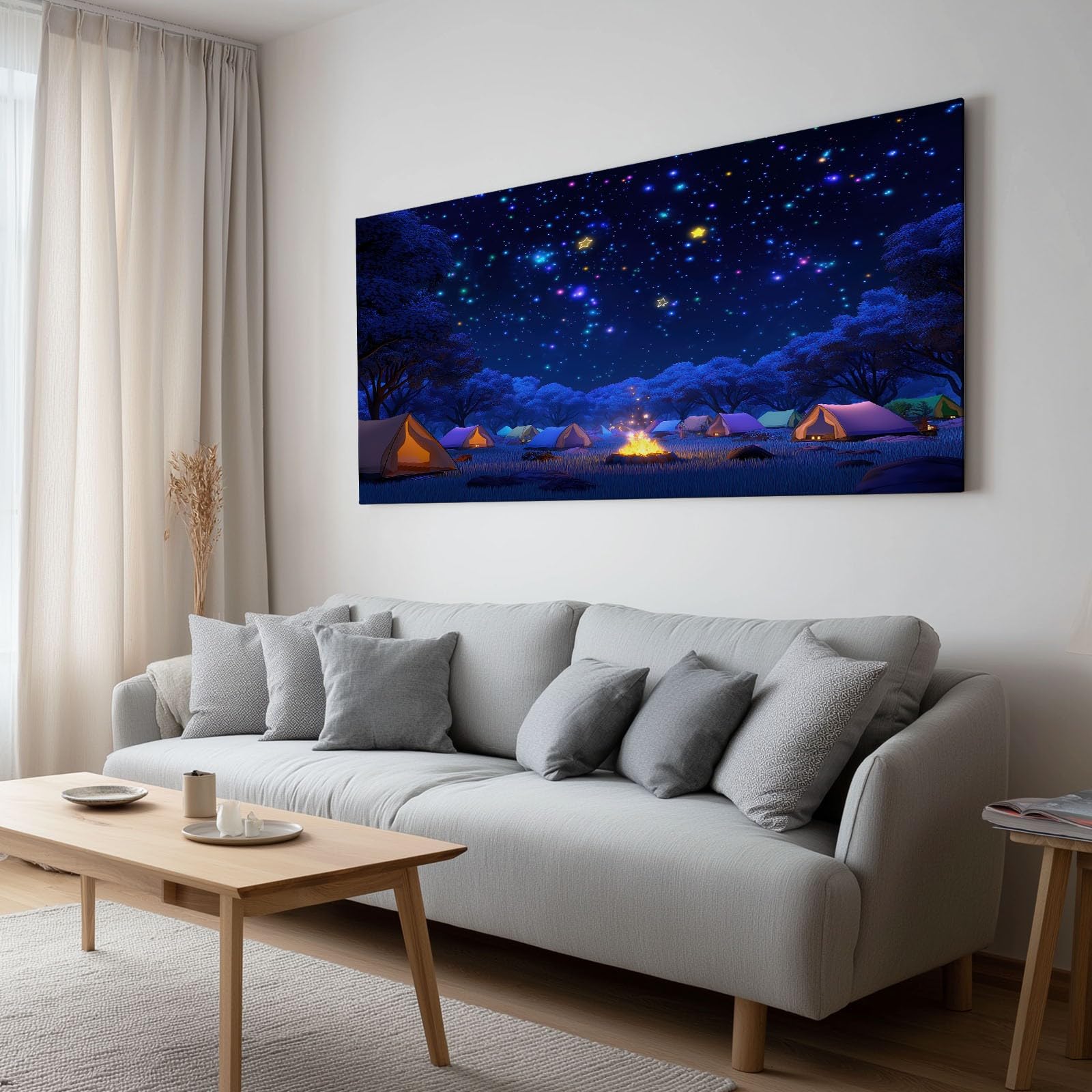 Generisch Cartoon Wald Sterne Lagerfeuer Modernes Leinwandbild 90L x 60B cm mit Rahmen, Marineblau XXL Wanddeko für Wohnzimmer Geschenk Idee Einzug - Hochwertiger Kunstdruck auf Holzrahmen