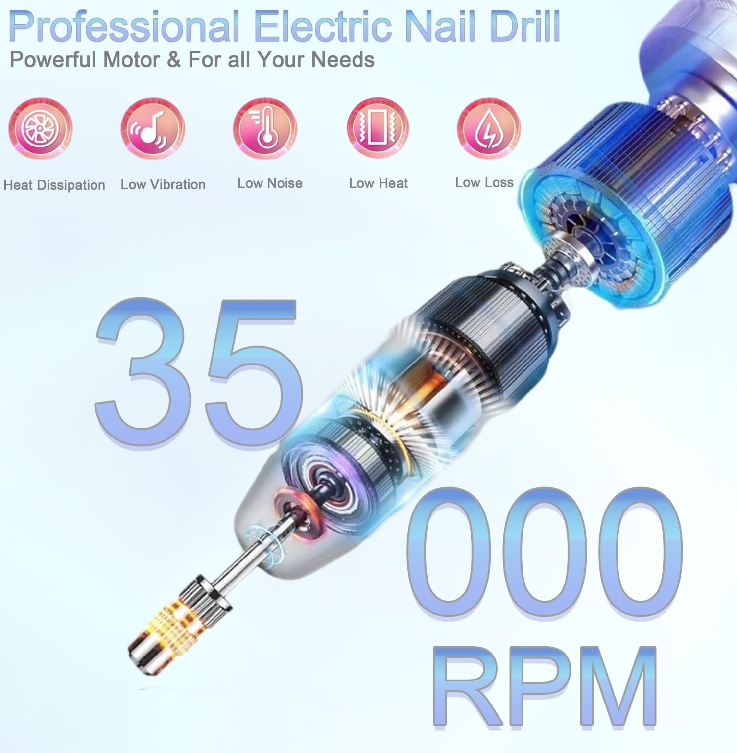 Torno para Uñas Eléctrico Profesional Lima de Uñas Eléctrica Portátil Recargable Drill para Uñas 35000 rpm Kit de Manicura y Pedicura Con Pedal + 6 Brocas Lima para Salón y Uso Doméstico-Blue