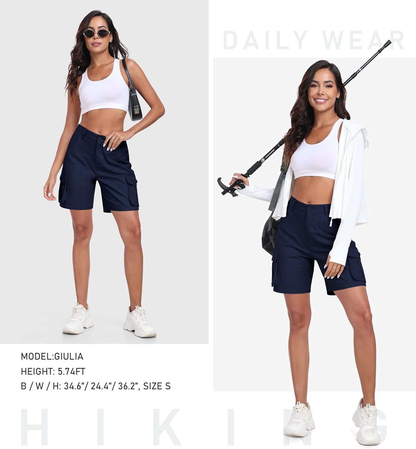 MoFiz Women's Cargo Shorts Bermuda Shorts Button Pockets Elastic Waist Knee Length Long Hiking Casual Shorts for Summer