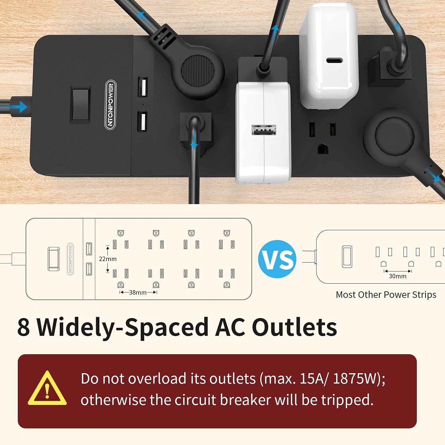 Flat Plug Extension Cord 15Ft - NTONPOWER 8 Outlets Surge Protector Power Strip with 2 USB, Overload Protection, 1080 Joules, ETL Listed, 15A/1850W, Wall Mountable for Home Office and Workbench, Black
