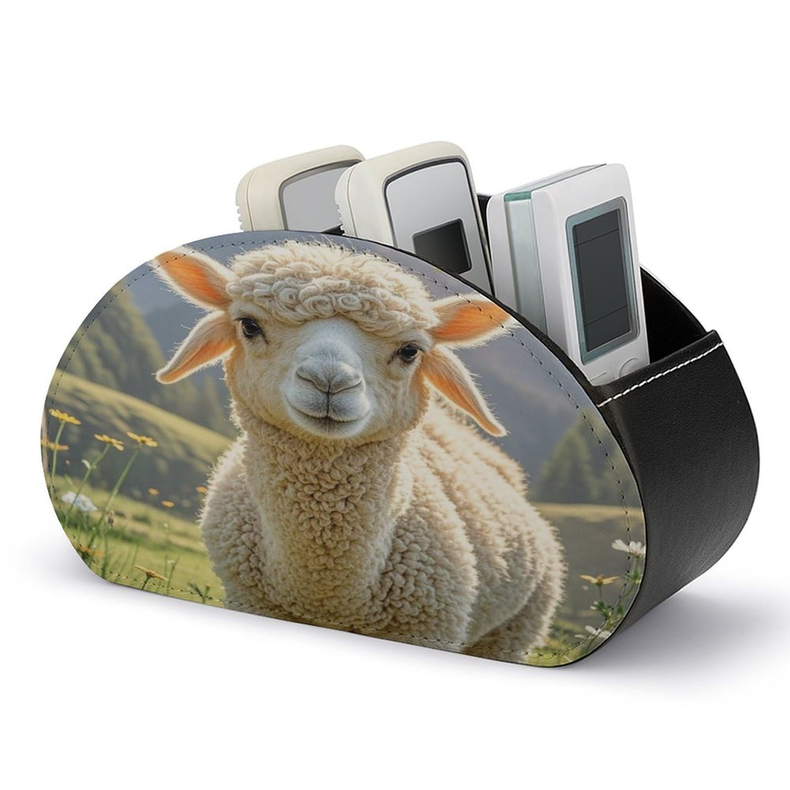LZQPOEAS Lamb Remote Control Holder with 5 Compartments PU Leather Remote Organizer Box Caddy for Table Nightstand Remote Caddy Desktop Organizer Fits Media Controllers
