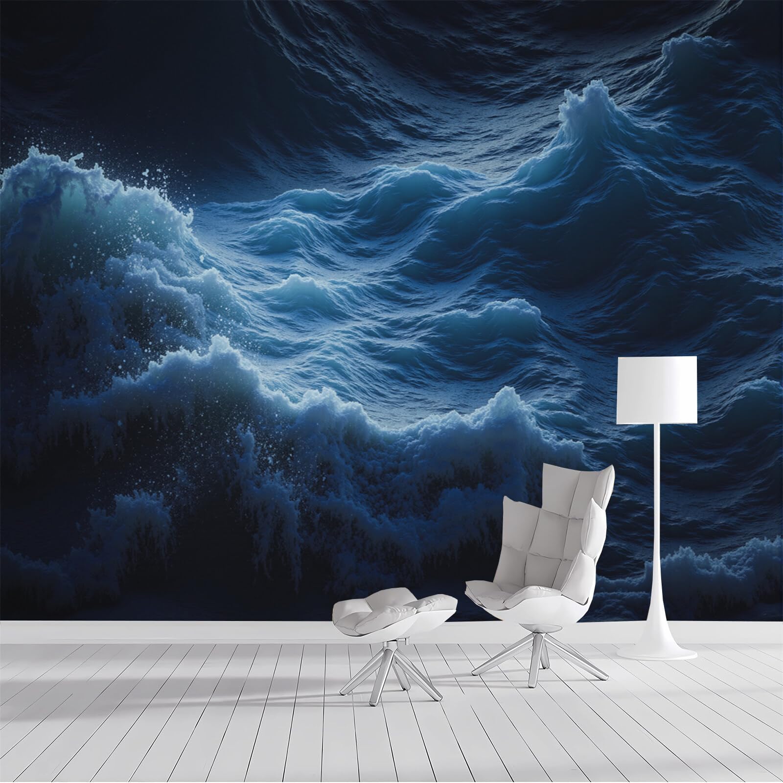 Papier peint vagues océan bleu foncé 200x140cm décor haut de gamme