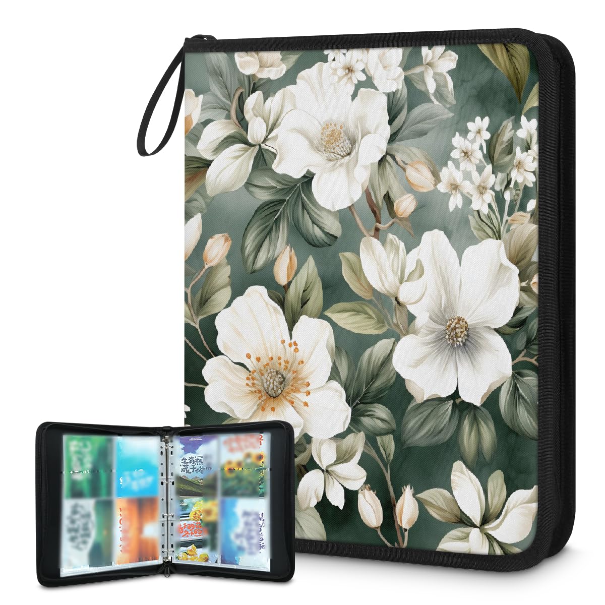 Carpeta de tarjetas coleccionables con 4 bolsillos, hojas de flores blancas pintadas, álbum de tarjetas con fundas extraíbles, libro de tarjetas impermeable con cremallera, capacidad para 50 páginas y