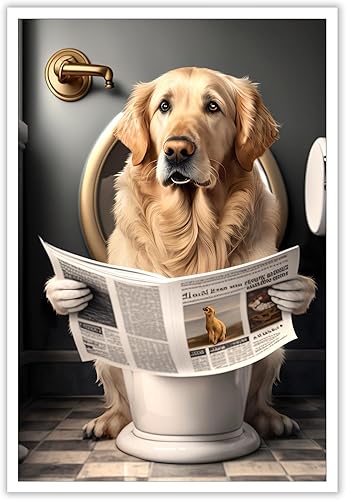 KOEUIRW Divertido lienzo de baño Golden Retriever para pared, póster de perro lindo en el inodoro, impresiones de animales en blanco y negro,