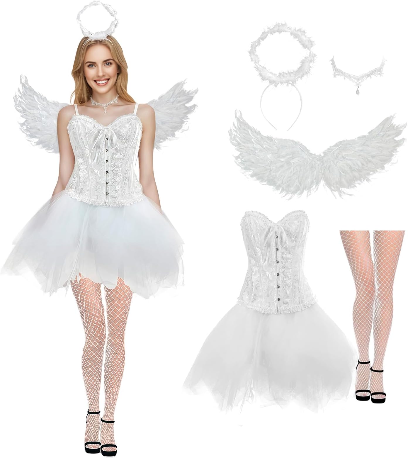 Women's Angel Costume, Angel Devil Wings Costume, White Corset Top, Tulle Skirt with Halo and Devil Horns for Halloween, Carnival