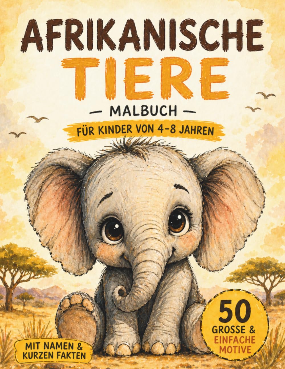Afrikanische Tiere Malbuch für Kinder von 4–8 Jahren: 50 große und einfache Ausmalbilder – Leicht auszumalen mit Elefant, Löwe, Giraffe und mehr