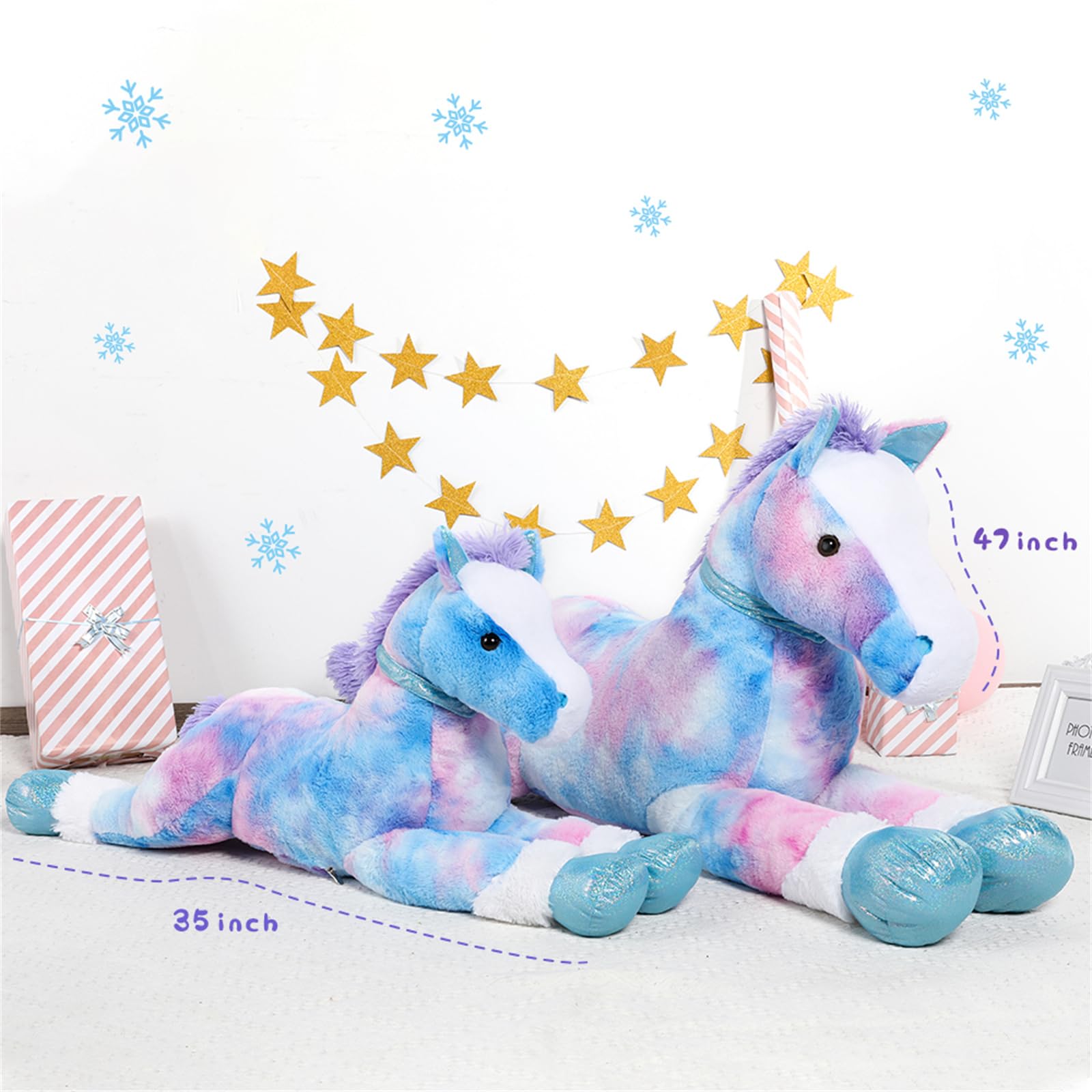 KERTA Big Horse Stuffed Animals Plush Toy, 35 Inch Large Stuffed Horse Toys Gift Soft Blue Pony Plush Pillow for Boys Girls 6